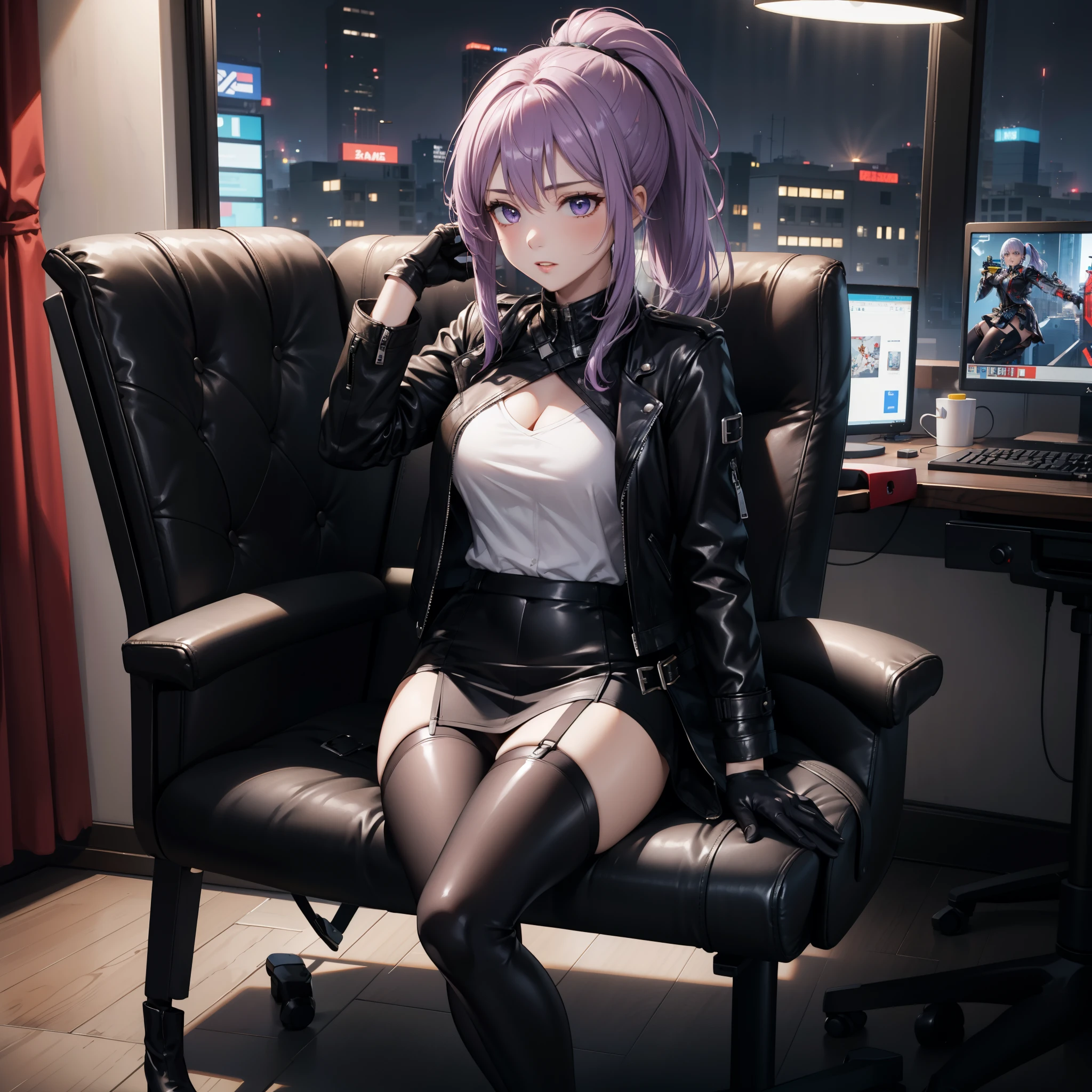 (masterpiece, better quality, detailed), a chic, Alone, ((sitting in a gamer chair)), ojos detaileds, purple eyes shirt, Lavender hair short ponytail, Love, medium breasts, sensual lips, ((harness on the torso)), ((black leather jacket)), (black gloves, ((short school miniskirt)), ( brown stockings), (black boots), room with cyberpunk style gamer computer, (at night)