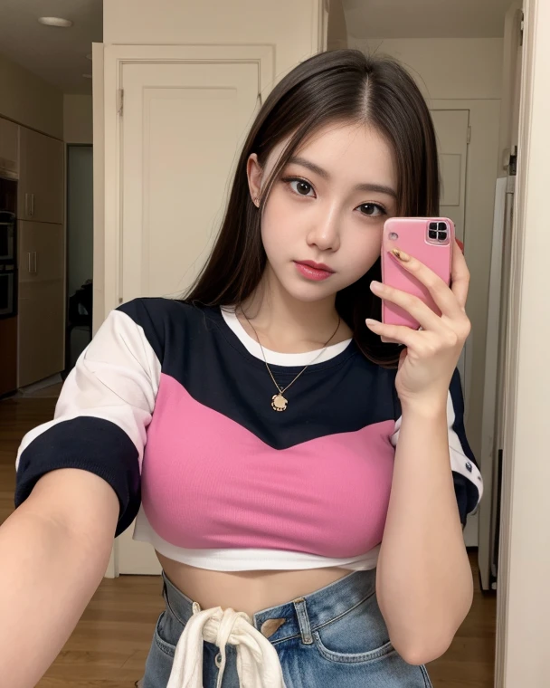 1girl, realistic, eye and face details, full lips, lipstick, (makeup), face hd, Asian woman with black hair, hip-length hair, long hair, coreana, asian features, young cute wan asian face, Ulzzang, asian face, a young Asian woman, asian, AESPA,wonyoung, wonyoung IVE, black hair, long black hair, blurry background, hoooooyeony, HoYeon Jung, busty famele, girl with bangs, big, serious girl, Lee Su-hyun, short top, big breast, thin clothing, pic for instagram, casual photo, photo by iPhone, profile photo, pfp, selfie for perfile photo, autofoto, seductive and erotic girl, small eyes, asian eyes, long hair, attractive girl (( pechos grandes )), 18 years, korean, attractive, selfie, selfie for instagram, casual, casual photo, casual picture, room, pink t-shirt