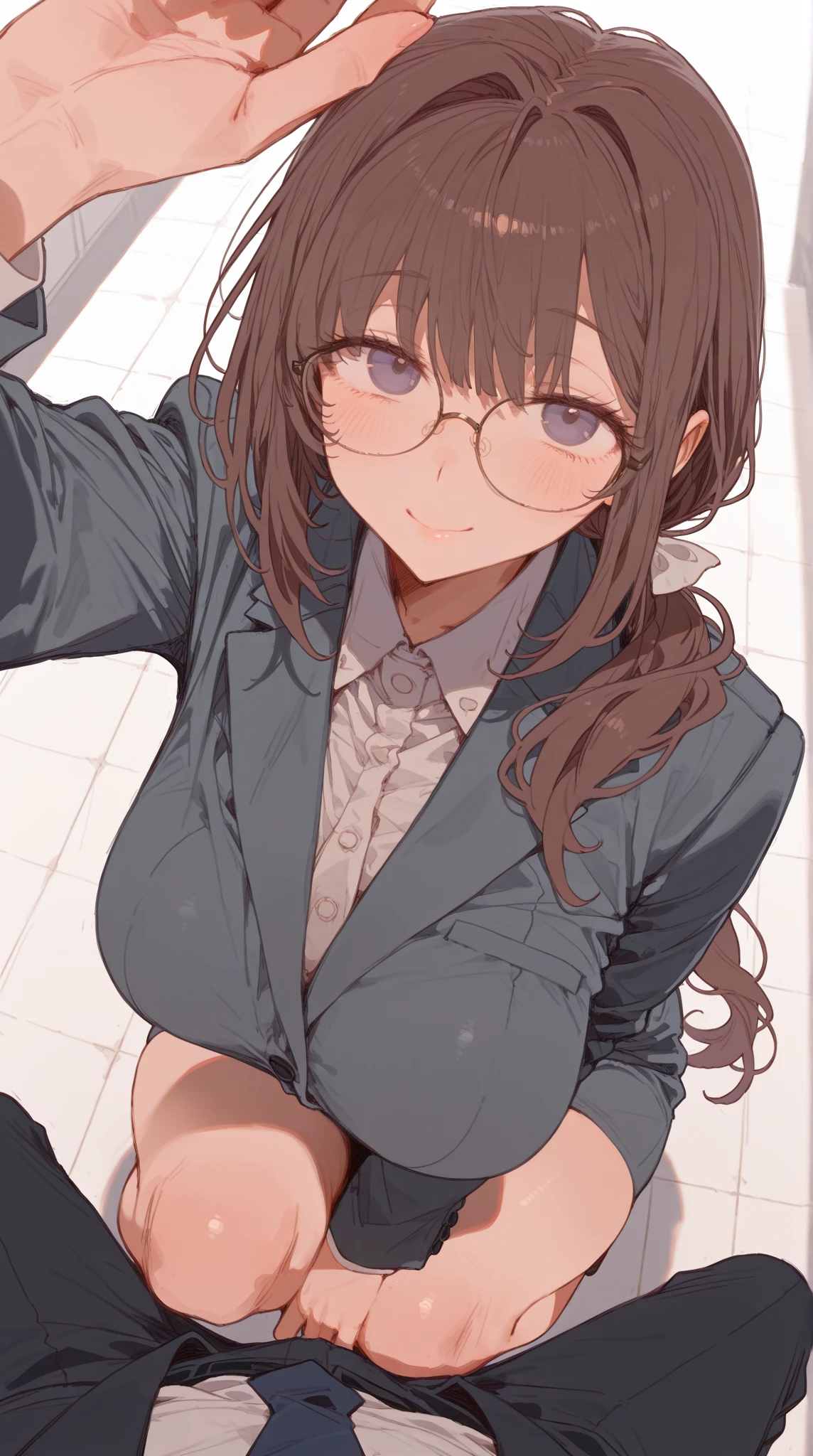 Highest quality, masterpiece, High resolution, alone, {full moon_Fleet Collection:1.15}, Long Hair, Brown Hair, Glasses, brown_eye, red-framed_Glasses, semi-rimless_Glasses, Crescent Moon, black_Seraphim, blush, Under Rim_Glasses, One girl, Closed_eye, Open_mouth, School_uniform, (indoor, office, living room), , blackスカート, smile, (Petite),((nsfw)), Flat Chest