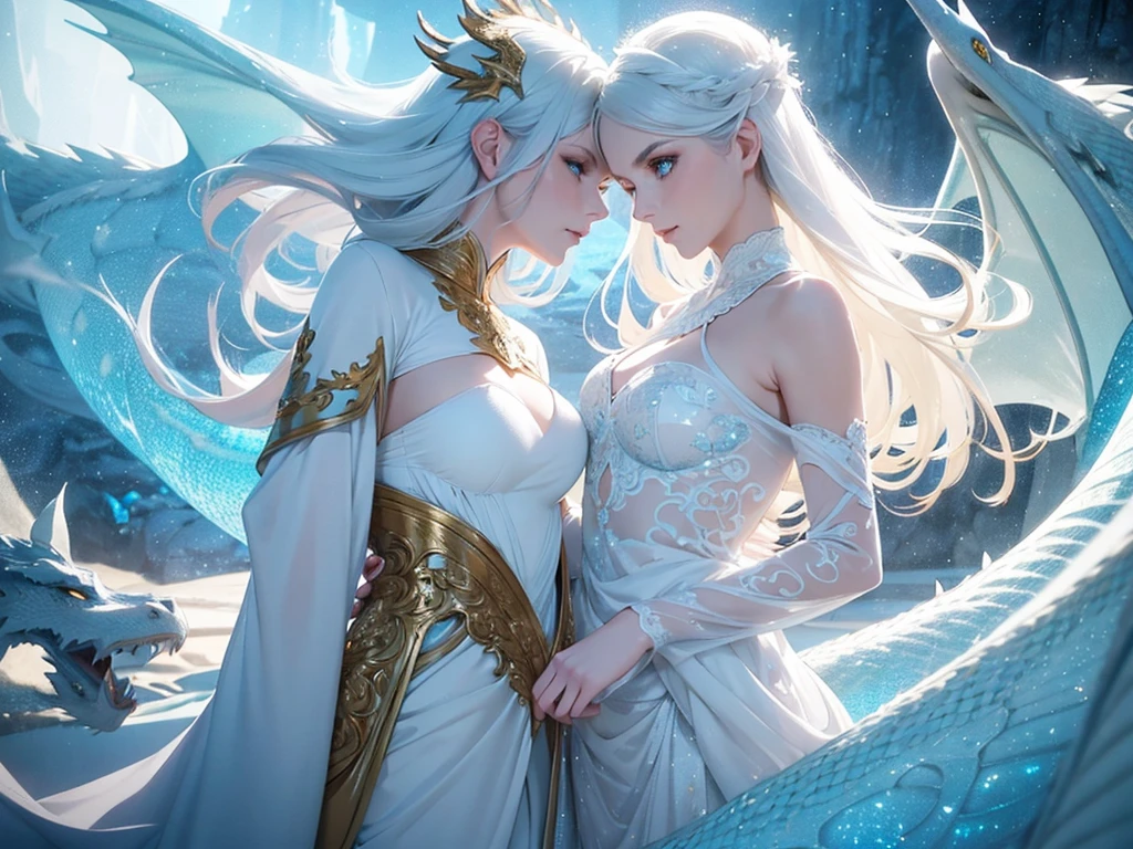 a crisp mythical legendary girl, beautiful detailed eyes, beautiful detailed lips, extremely detailed eyes and face, long eyelashes, laying beside a cute white sleeping dragon, at the deep night, at dark mystical night, 8k, artistic photography, deep, perfect anatomy, dramatic lighting, highly detailed, photorealistic, vibrant colors, cinematic composition, dramatic atmosphere