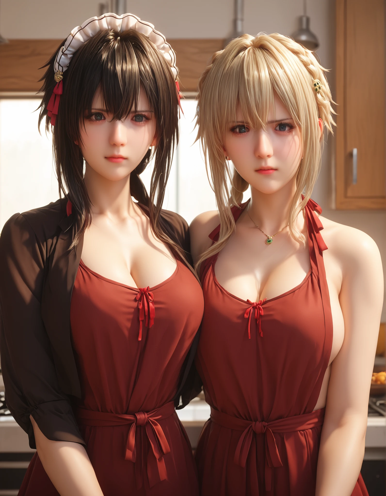 yuki yokoya and violet evergarden, two anime girls with big breasts, two women pose, full body shot, camera angle profesional, excited, with flushed cheeks, wearing red cooking apron only, oppai, oppai proportions, two beautiful anime girls (yuki yokoya and violet evergarden), big breasts!, big breasts!!, anime girls, with a large breasts, twintails, beauty eyes, angry expression on her face, hd, high quality image, head accessories, posing at kitchen, cooking food together,