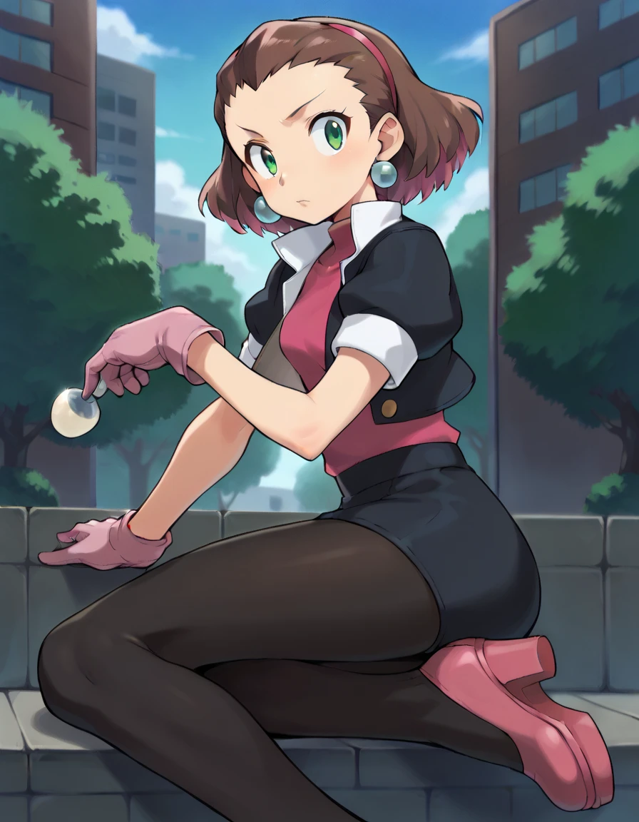 (masterpiece, best quality:1.2), solo, 1girl, tron_bonne_megamanl, looking at viewer, sitting, hand on own face, brown hair, hair pulled back, hairband, green eyes, cropped jacket, hose, pink gloves, jewelry, earrings