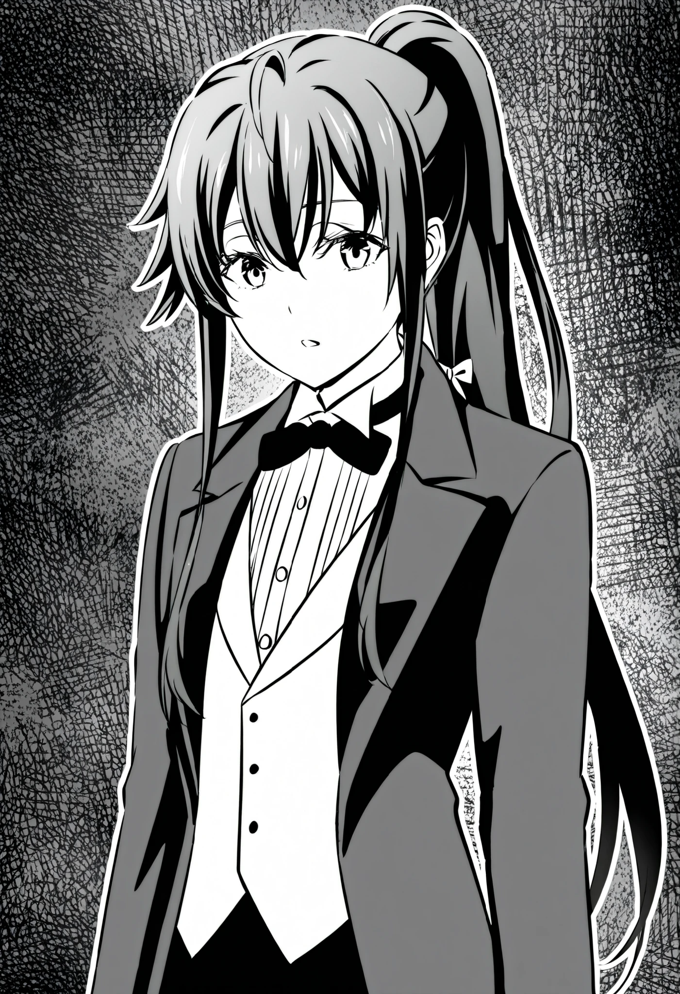yukinoshita yukino,1girl, tuxedo tailcoat ,long hair,ponytail,formal black suit,black jacket, a white dress shirt, a black bow tie, and a white vest.The suit is detailed,manga style,clean black and white line art, detailed shading on the clothing