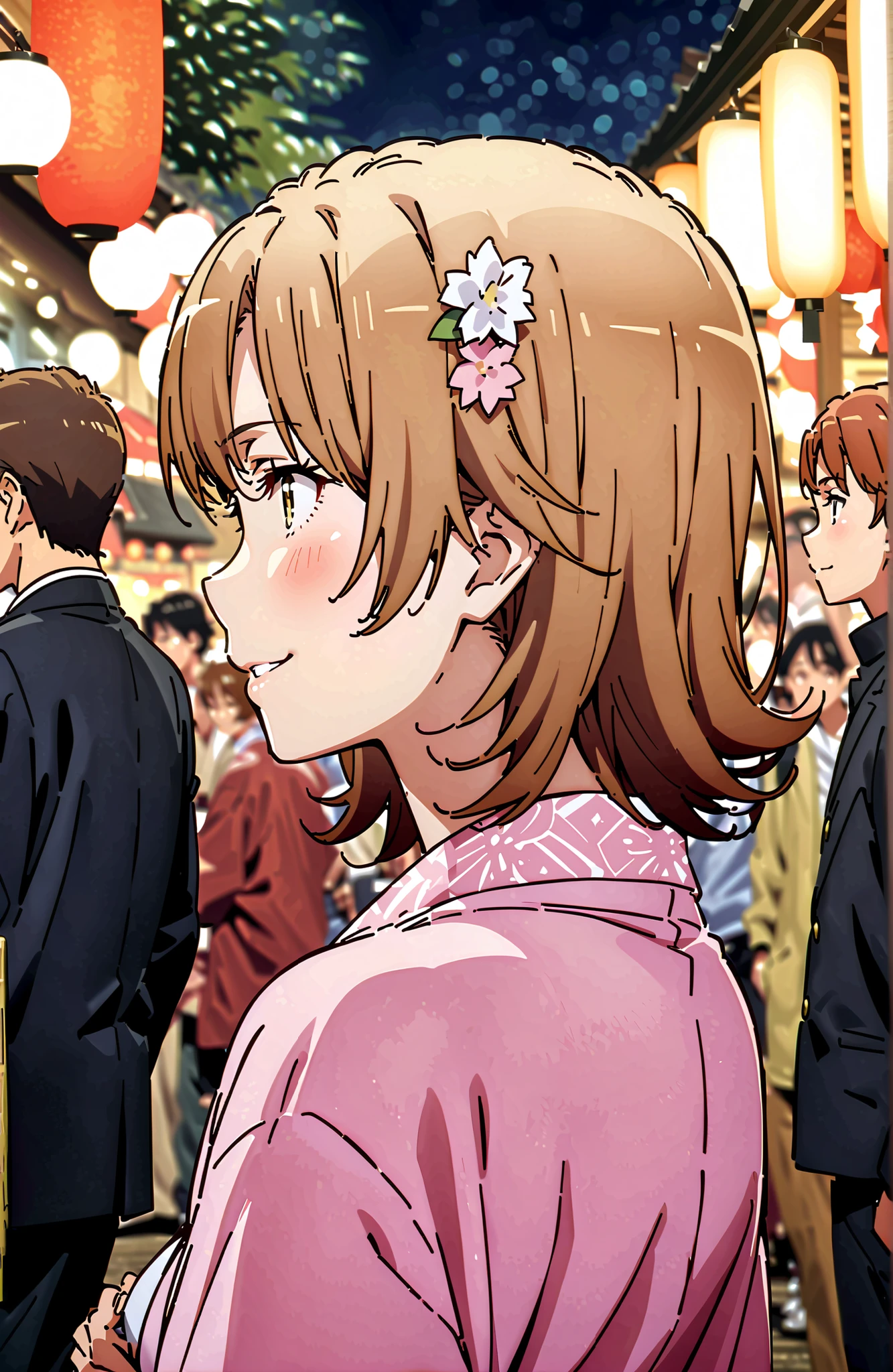 Iroha Isshiki, brown hair,side lock,single bun hair,flower hair ornament,Nape,Pink floral kimono,Light up fireworks,Japanese stalls ,Red Lantern,smile,blush,grinning,close your eyes,crowd,The whole body is in the illustration,
break outdoors, Japanese Festival ,
break (masterpiece:1.2), best quality, high resolution, Unity 8Kの壁紙, ( illustration :0.8), Highly Detailed Faces, perfect lighting, VERY DETAILED CG, (perfect hand in h, perfect anatomy),