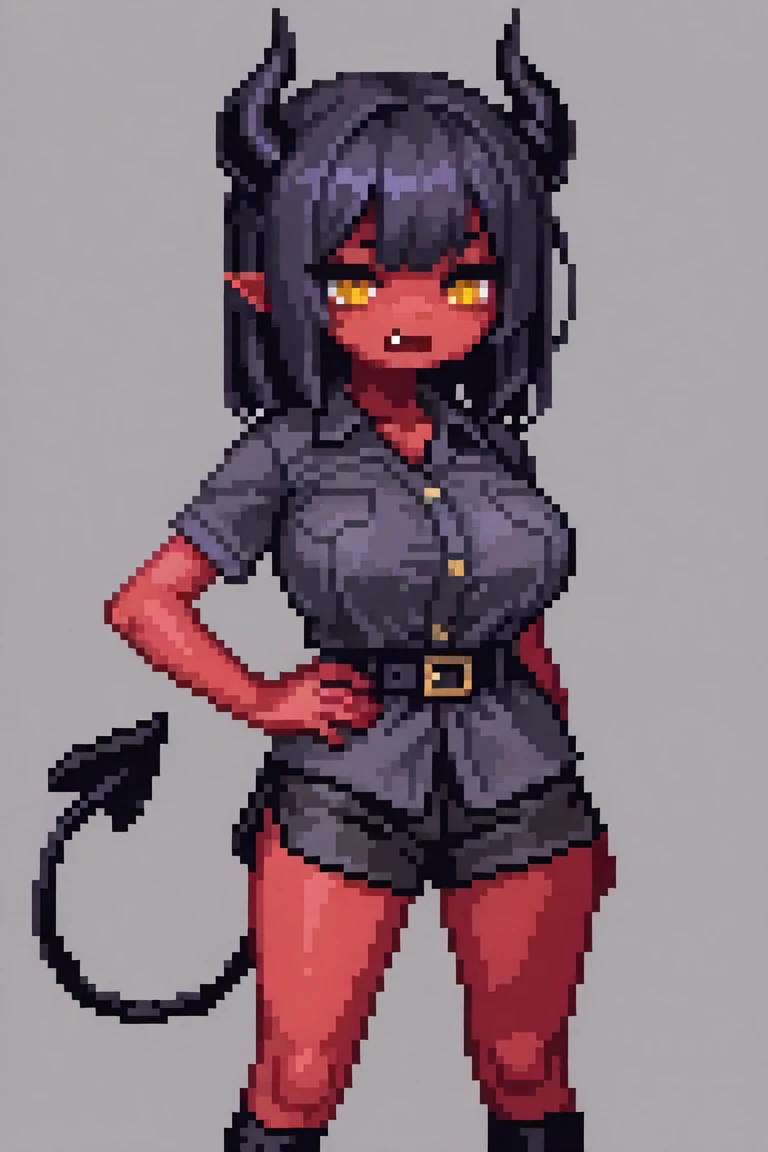A dark skin tone muscular adult woman, with purple hair with light blue gradient, ponytail with light blue streaks, has heterochromia, magenta colored right eye, blue colored left eye, black apron with fire ornament, denim shorts, medium breasts, appron with cleavage, elf ears, big blue bat wings, succubus tail, blue horns, the woman is standing in a cavern, two tongues