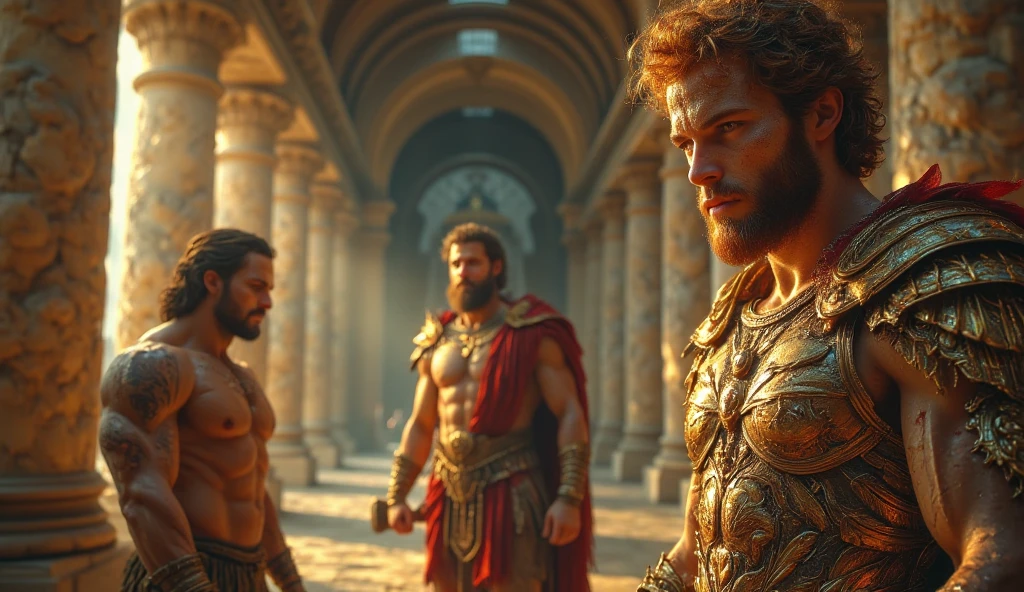 an ancient Greek ruin with several stoic wise men gathered, 8k realistic sculpture by bernini, Cinematic close-up, Stoic face, stoic attitude, epic scene, stoicism, legendary, high quality, 8k.