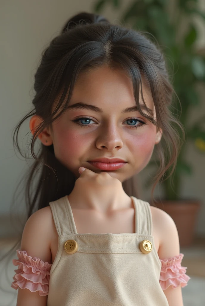 uma menina, de 5 anos, curiosa e aventureira, com cabelos castanhos e olhos brilhantes
