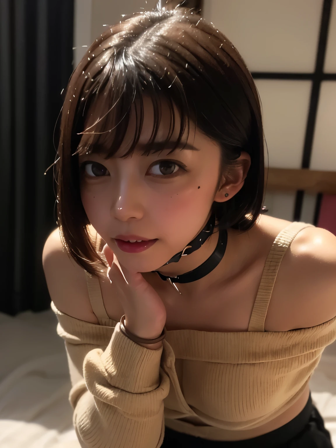 ((loose dog collar)),top quality、high resolution、1 person、Madoka Higuchi 、pantyhose、skirt for ears、brown hair、目の下のmole、mole、hair ornament、 barrette、プリーツskirt for ears、short hair、long sleeve、Bangs、sweater、ミニskirt for ears、黒いsweater、黒いpantyhose、灰色のskirt for ears、collared shirt、purple eyes、 portrait、face、faceにフォーカス、close-up、((女の子erson)),(perfect hand in h:1.2),(perfect anatomy:1.2),(masterpiece:1.1), (top quality:1.1), ((beautiful細目: 1.6)),sexy body、small eyes、((very well detailedface、完璧なface)), Notice、beautiful、masterpiece、top quality、very well detailedface、perfect lighting、女の子1 pon、1 person、(absurd), (very well detailed、8k、超high resolution:1.2), middle of chest、 Breast nipples、expressionless、faceフォーカス、On the shoulder、from the front、 bondage、gag、(Insertion of a foreign object、adult toys:1.2)、in a dark laboratory-like operating room、bondage、limit、oppression、、Over the clothes、wrist、feet首、arm、feet、wrist、Box Tie、乳房bondage、股in a dark laboratory-like operating room、 skin dents 、sagging、upper body、(アヘface:1.1)、clavicle、trembles、sweat、sweatの雫、heart、 skin dents 、 bondage、bondage、Big Breasts、Big Breasts