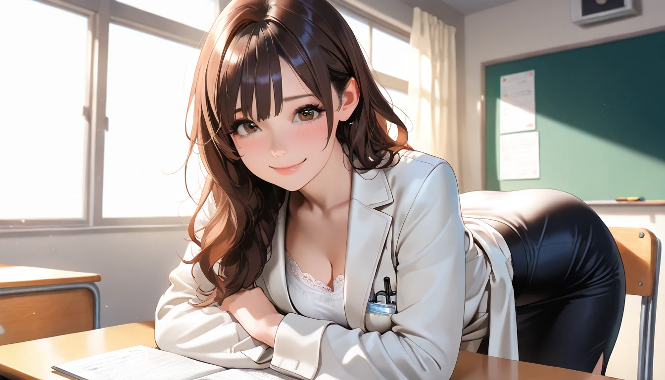 ((Tabletop, Highest quality, High resolution, , Pixel Perfect, 4K,))), 1 female teacher, single, alone, beauty、The whole body is visible、 ((Medium Wavy Hair, bangs, Brown Hair)), ((Brown eyes, Beautiful eyelashes, Realistic eyes)), ((Detailed face, blush:1.2)), ((Smooth texture:0.75, Realistic texture:0.65, Realistic:1.1, Anime CG style)), Center of chest, Dynamic Angle, Perfect body, (( , , Wearing a white coat、Female doctor、、, 、))、、Very embarrassing panic smile, 、black flared skirt、classroom、Sit on a chair、Please lift up your skirt and show me your pants.、、(Showing off her white and pink floral lace panties、)、Angle from below)、
