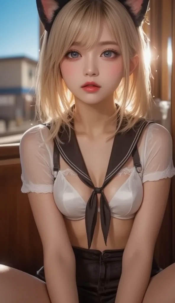 Sexy Big 、A 24-year-old beautiful girl with a sexy and cute look, beautiful and sexy face、A strong wind blows my hair in front of my face、length, Metallic blonde straight hair, ((Hair is not tied up:1.5)), beautiful, Cute and sexy eyes hidden behind long bangs, ((Completely naked, Red bow tie around neck:1.5)), White knee-high socks, BREAK ceremony,((Random sexy poses、put in、Deep joy, Ecstatic eyes:1.2)), ((I gasp hard:1.2))、Ecstatic face、Climax expression, My whole body is convulsing、Official Art,Highly detailed CG Unity 8k wallpaper, (masterpiece:1.0),(highest quality:1.0), photo shoot, 8k, Browsing Caution, High resolution, Kodak Portrait 400, Film Grain, Lens flare brilliance,Very low camera angle, View your audience