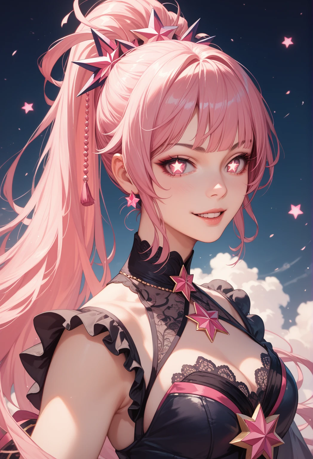 Russian women, Adult female, Style Booba Pad, Background of London, Big Ben, Fluffy Clouds, Upper Body, Portraiture, breast focus, One girl, Perfect breasts, Big Breasts, asymmetrical bangs, Asymmetrical Hair, bangs, Huge breasts, Half shaved, pink ribbon in hair, Black Choker