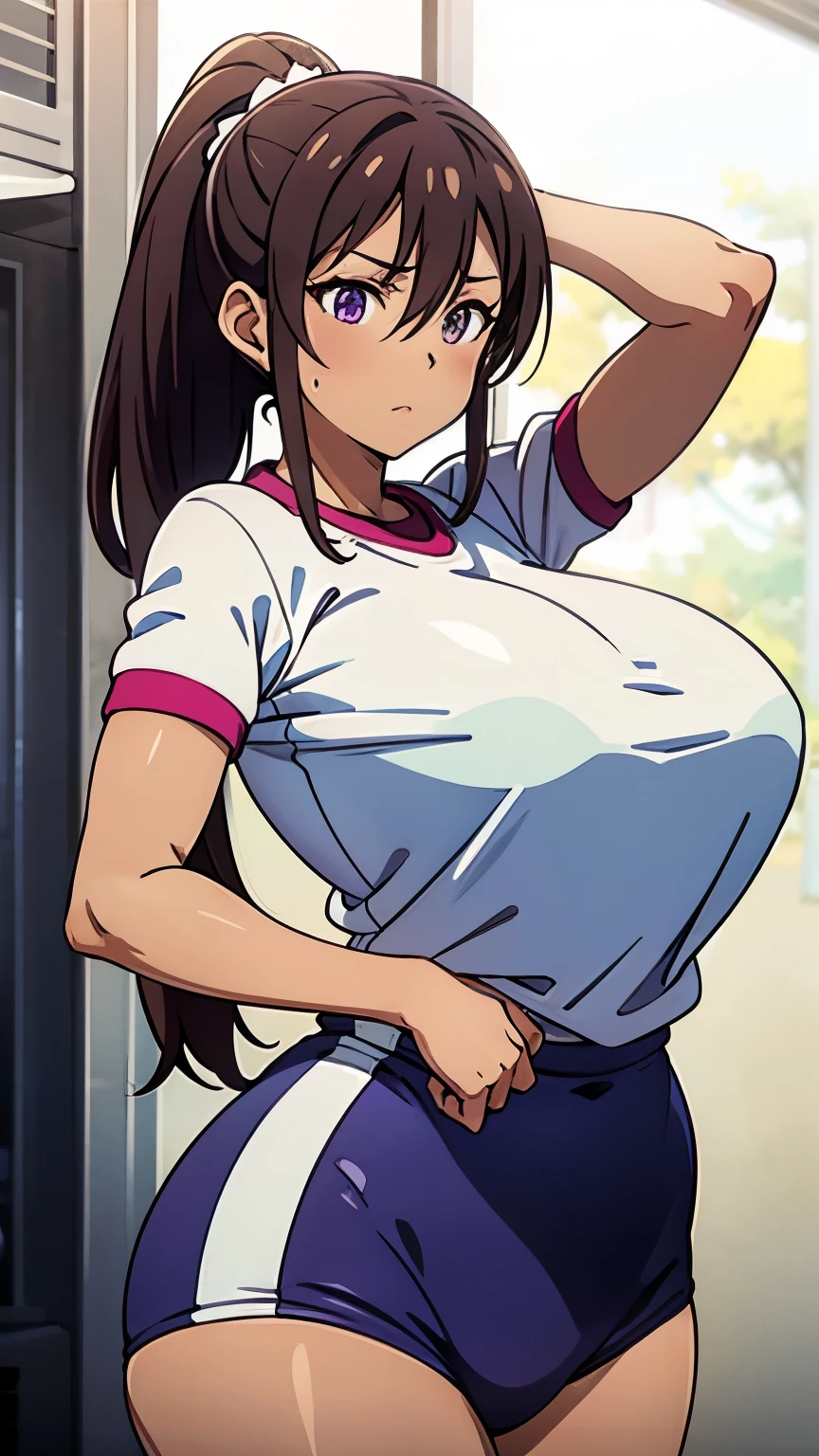 Highest quality,masterpiece,Black Hair,Female members of the basketball club,She encourages the male members by showing them her breasts.,Nipples,locker room,smile,fine