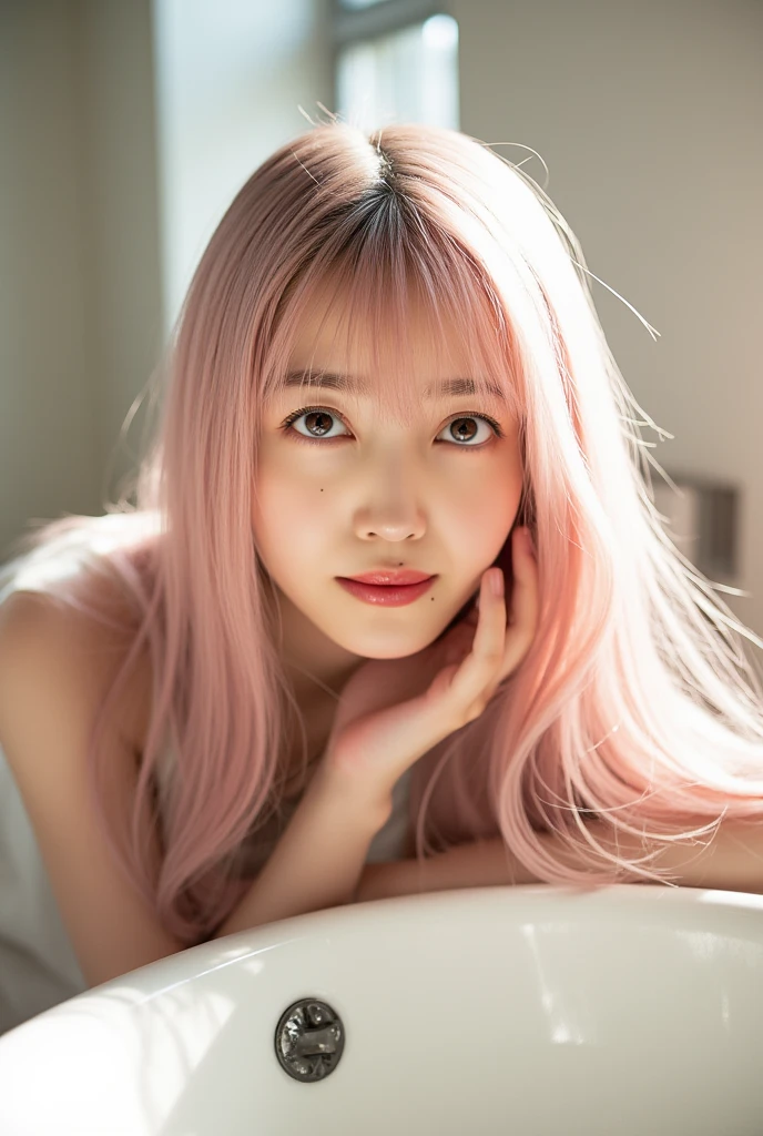 Pink bath towel、cute little、girl with