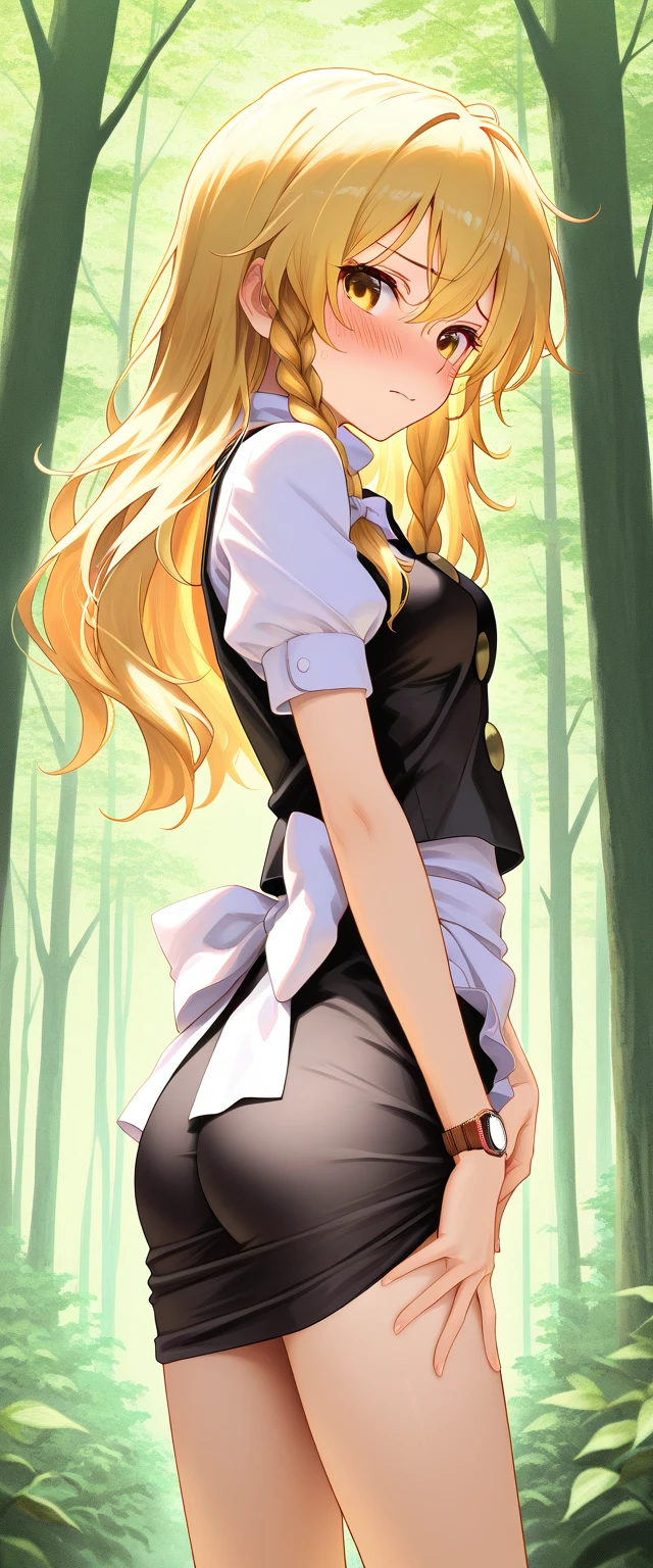 masterpiece, top quality, very detailed, high resolution, Japanese anime, 1 girl, (beautifully detailed eyes:1.2), shy ass, 16 -year-old ,Height 150cm, skinny, medium breasts, Kirisame Marisa, Forest with Sunlight, Green background, (beautiful fingers:1.3),, whole, Watch Viewers