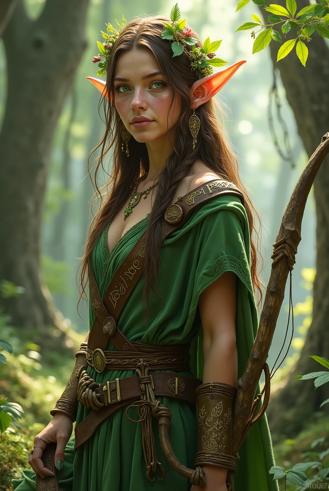 She walks as if she were an extension of the forest itself — an elf of the Clan Sylvaëris, daughter of the earth and the whispering breeze between the treetops. Her name is whispered among druids and guardians as a living blessing of ancient nature. with long brown hair, often entwined with living leaves, small flowers and delicate enchanted branches, she carries with her the signs of her magical connection with the natural world. This is no adornment — but a symbiosis: the forest grows in her strands, recognizing her as their favored daughter. Her youthful appearance — appearing no more than 18 winters old — contrasts with the wisdom latent in her emerald eyes., that shine brightly , as if they reflected the sap of the trees themselves. These eyes not only see, but feel the pulse of the earth, detect the suffering of the roots, the cry of animals, and the subtle movement of the wind carrying ancient stories. Her tanned skin , marked with living tribal symbols, pulse lightly with magical energy natural. These marks are no mere tattoos, but circuits of living mana, that glow softly when she calls upon her gifts. Her touch can make buds and roots bloom, where before there was only stone or dust. She moves with unearthly grace, her steps so light that the grass does not bend beneath her feet. When she activates her mana, the air around her fills with floral scent, and flowers bloom spontaneously around her, as if nature itself accompanied her in the dance of magic. She dresses in flowing robes in tones of wood and moss, adorned with fine leather, etched with ancient elven runes. Your armor is light, fashioned from the bark of sacred trees, resistant to corruption and ideal for those who merge with the forest. Em combate, she wields longbows carved from ancient ash trees, or a staff carved with symbols of the Green Moon, a weapon of spiritual channeling that effectively repels evil energies. Her arrows never miss their mark,