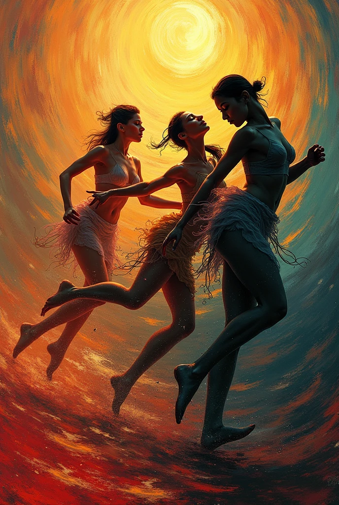 Structured impasto of beautiful women climbing a structured rock in the sea, scrambling over each other and standing on each other’s shoulders. Realistic, realistic colors,