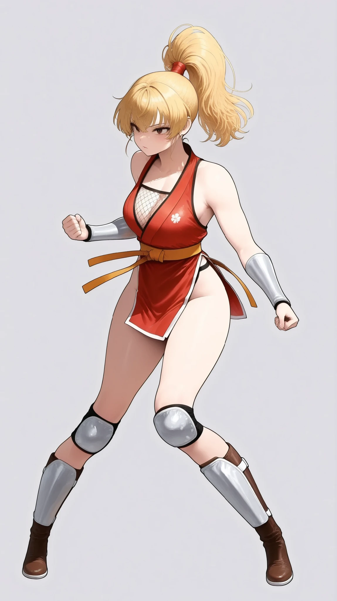 1girl .solo,full body,Blonde hair. Ponytail.bare shoulder. red scrunchies.Bare neck,Sleeveless. clavicle.red dress.red kimono. fishnet on chest,White line at hem of pelvic curtain,silver arm cover. . orange Martial Arts Belt、silver knee protector,Brown leather boots, silver leg protectors