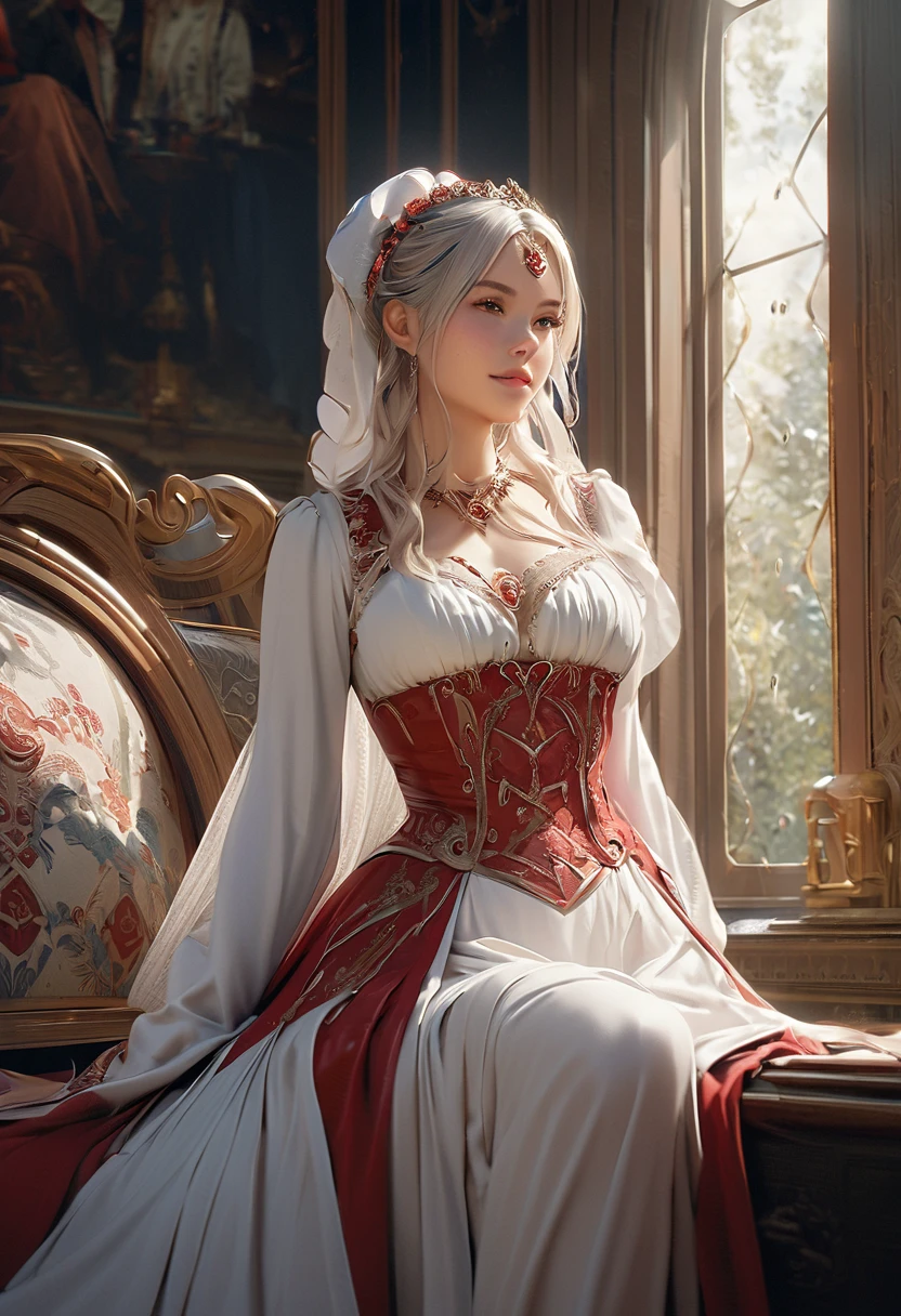 1 mature girl, beautiful face, slim body, very big breasts, Long silver hair, Without bangs!!!!, straight hair, pink eyes, Princess dresses, medieval dresses, dress with a flared skirt, covered chest, A princess, luxurious, Smiling faintly