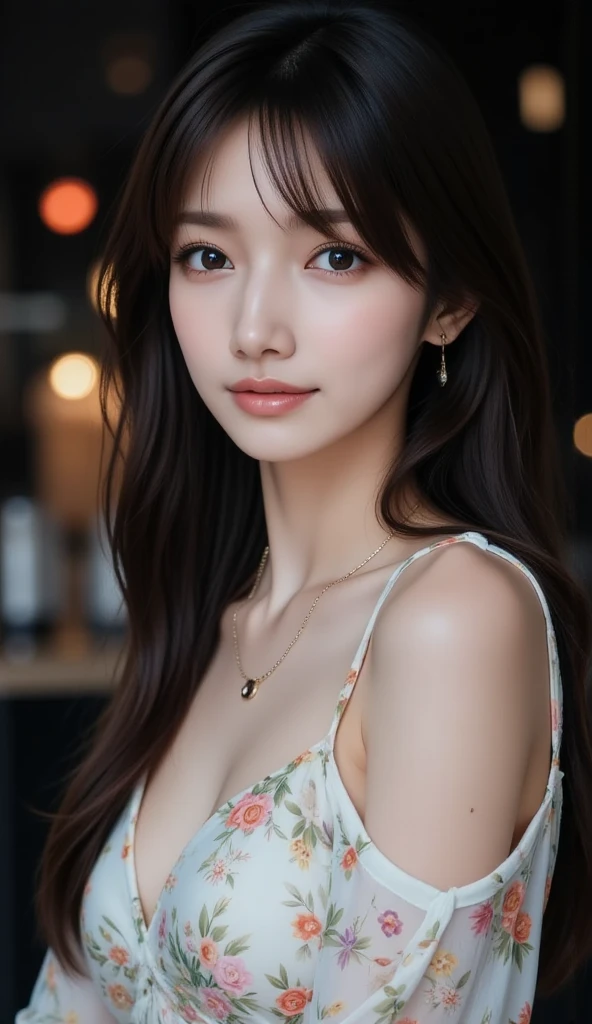 (HighestQuality, 8K,32k,masterpiece, UHD:1.2),Highly detailed CG Unity 8K wallpaper,intricate details,Raw photo,(realistic:1.4),atmosphere,ultra high resolution,genuineistic,genuine,Huge_file size,incredibly absurd,(in the center:1.3),ultra illustration,(Super detailed),dramatic lighting,different colors,written boundary depth,art:Krenz Kushart,golden hour lighting,Photographed with Canon EOS,SIGMA art lens 35mm F1.4,ISO200 Shutter speed 2000,blurred background,
break,
1 girl,(smile:1.4),because I'thin,(Straight long hair with see-through bangs,:1.4),alone,16years old Japanese beauty, (Cafe,pink stripe shirt,full wide open chest, bare shoulders:1.5),(light brown hair:1.5),((brown eyes)),largechest,chest, Soft white skin that shines in every detail,pale skin,very beautiful face,very well-shaped face,natural and realistic face,Highest,fine and beautiful eyes,impressive, Big eyes,fine eyes, smile, smile with your mouth closed, detailed mouth,lip details,glossy beautiful lips,glossy lips,simple earrings,necklace,jewelry, alone focus,low neckline,
break,
light from the front,nice,Are standing,sensual expression,sunshine, break,
(Dutchangle:1.4),looking at the viewer,
break,Tzuyu,Yui Aragaki,