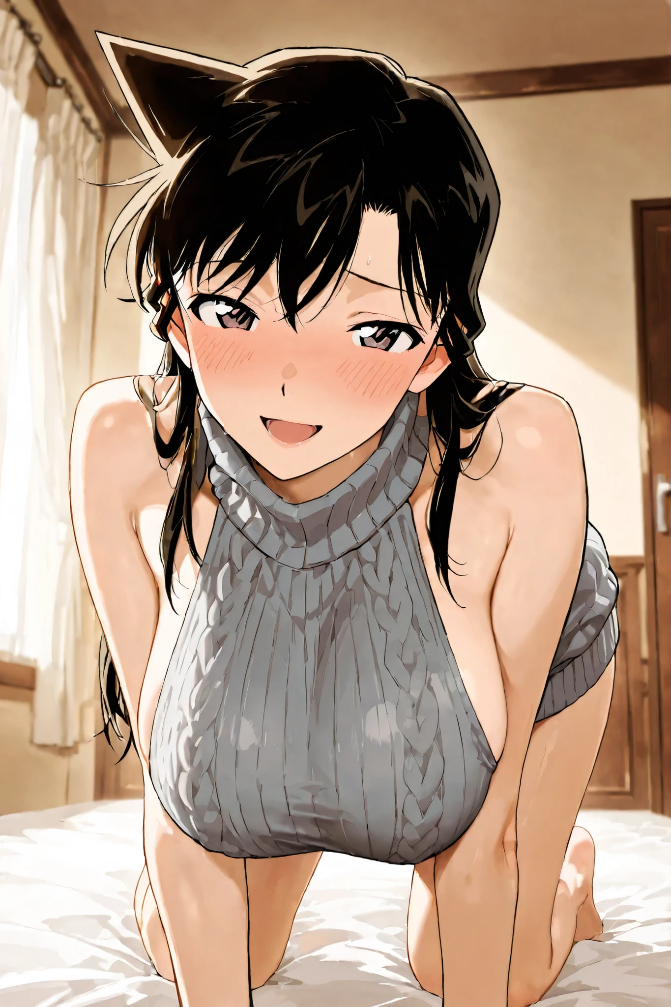 {{{masterpiece}}}, {{{best quality}}}, {{ultra-detailed}}, {illustration}, {{an extremely delicate and beautiful}}masterpiece	best quality	ultra detailed	high resolution	4k	8k	extremely detailed super fine illustration best quality  large breasts　openmouth　embarrassed　mouri ran, long hair, black hair　seductive smile　virgin killer sweater　all fours