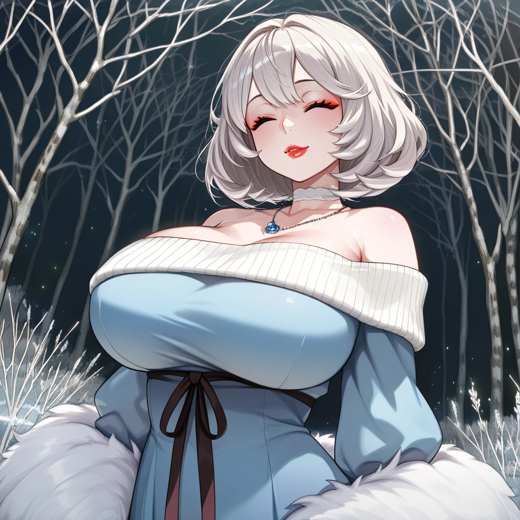 (1Girl, full-body, front side, masterpiece, high quality, highly detailed, 8k,), (Puffy breasts, breasts-type:Puffy, Larger areola that appears puffed out, giving a distinct look, (wearing Ruffled velvet dress), (winter theme, winter background). ((SFW, sfw))