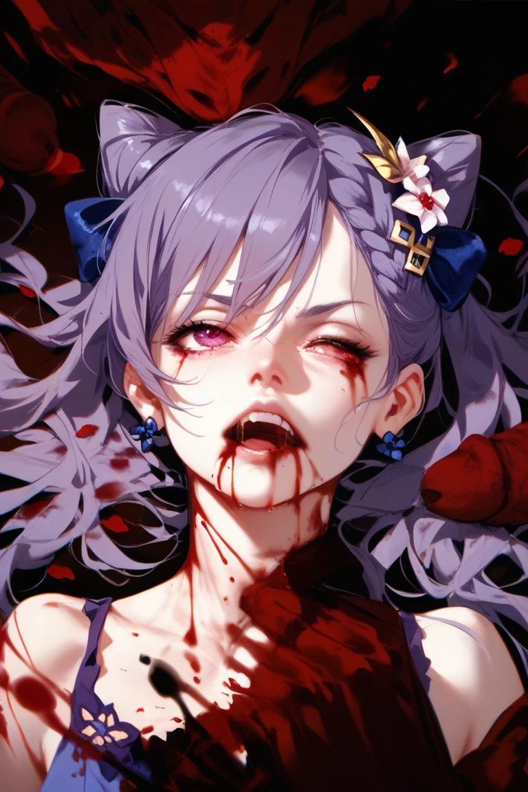 (((1 girl))), (solo)))), ((messy hairstyle)), (((blue-purple hair)), red eyes, soft shirt with blood stains on face, torn clothes, glowing eyes, swirl eyes, evil, blood on face, blood on clothes, blood, corpse, open blood basin and open mouth, showing fangs