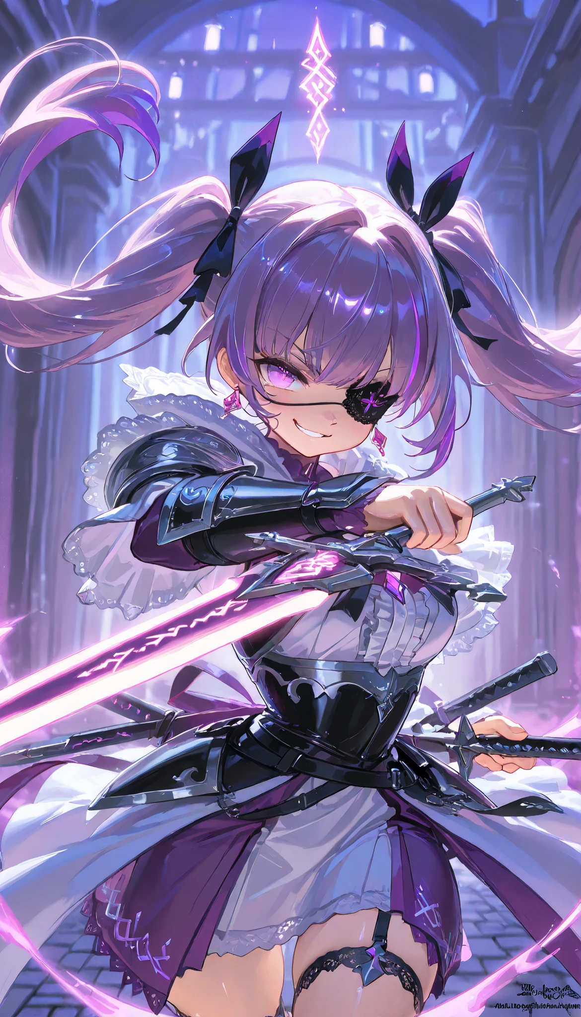 (Masterpiece, ultra-detailed, UHD 8K, highly aesthetic), (watercolor:0.5), (pastelcolor:0.5). A tsundere rogue knight girl with long black twintails streaked with purple highlights crouches gracefully on an ancient stone bridge illuminated by softly glowing lanterns and swirling mist under the silver moonlight. She wears a purple ruffled blouse beneath lightweight black leather armor adorned with intricate lace details, ribbons, and elegant drop earrings that sway gently as she moves. Dual swords engraved with radiant runes glimmer faintly in her hands as she strikes an attack stance. Her flushed cheeks and defiant smirk hint at her tsundere personality, while her eyepatch adds depth to her mysterious fantasy character.