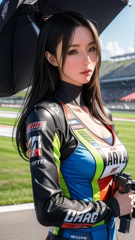 (masterpiece), ( MotoGP Racing Girls), 完璧にbeautifully均整の取れた顔、(Amami Tsubasa:1.8)、(eyeliner:0.5),(blush:0.5), Black Hair, A faint smile, beautifully繊細な少女を指す, Highly detailed eyes and face, beautifully繊細な目, , ((Event List)), (MotoGP track background), (Highest quality, High resolution, reality, original, 8k,masterpiece, ),(((Dynamic pose))),(((Center Perspective))),(((Show the underside of the chest ))),(((Red miniskirt lift))),(((Bare inner thighs))),(((F1 cars on display))), (Vibrant colors:1.2), (beautifully),