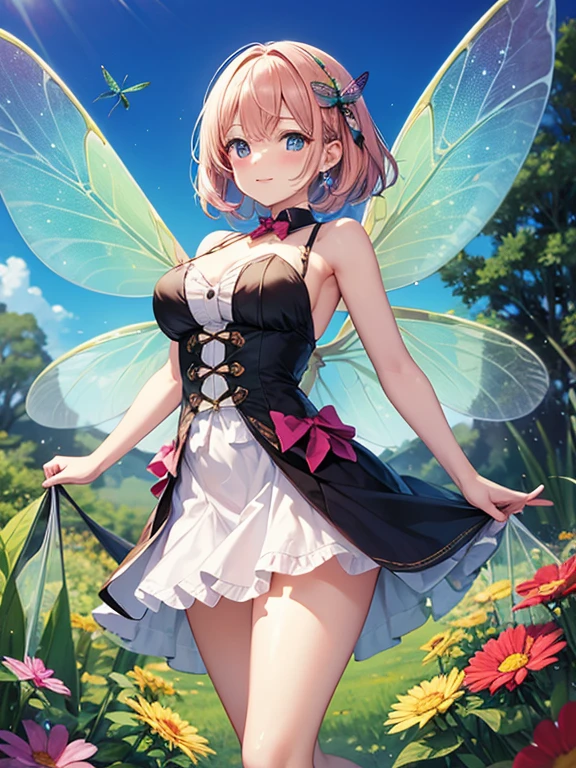 (Masterpiece, BestQuality:1.3), (ultra detailed:1.2), (hyperrealistic:1.3), (RAW photo:1.2), High detail RAW color photo, professional photograph, (Photorealistic:1.4), (realistic:1.4), (Pink Hair:1.5), professional lighting, perfect anatomy, (Big Breasts:1.2), (blush, detailed face), (A happy smile:1.7), sexly, erotic sexly, Random sexy gravure poses, (A beautiful fairy-like woman wearing a mint green frilled blouse and a white miniskirt、Laughing innocently while chasing butterflies in a flower field、Gold Earrings、Sitting on grass pose。:1.3)