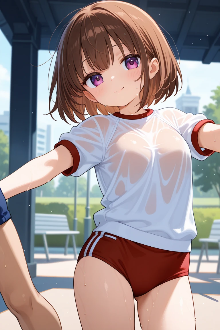 (topless), nsfw, masterpiece, 1 girl, erect nipples, nipples, navel, necklace, denim shorts, smiling, bare breasts, bare stomach, sweaty, cowboy shot, small breasts, puffy nipples, hair ribbon, texts, bare arms, hands on waist, elbows, happy, outdoors, audiences, crowd, stadium, track field