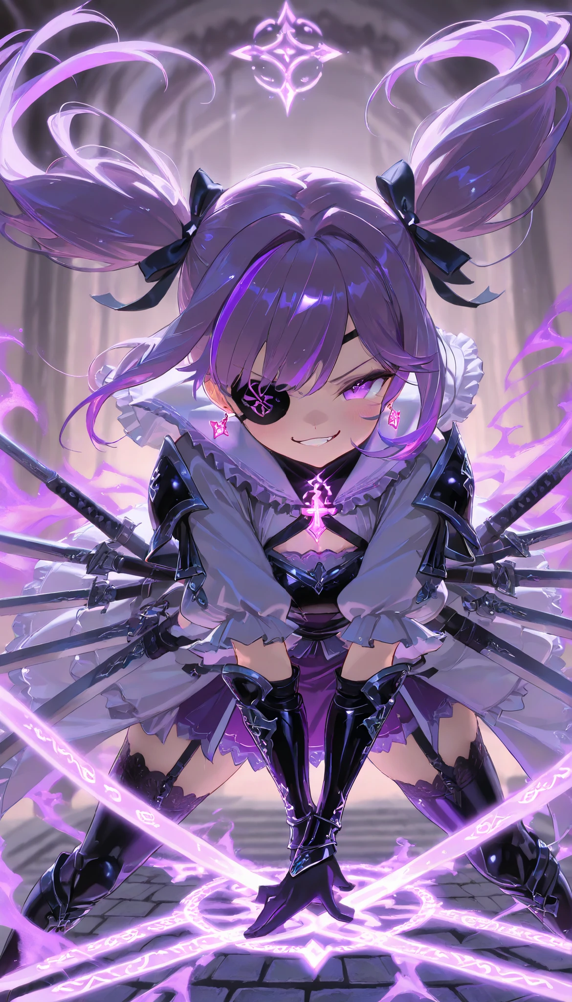 (Masterpiece, ultra-detailed, UHD 8K, highly aesthetic), (watercolor:0.5), (pastelcolor:0.5). A tsundere rogue knight girl with long black twintails streaked with purple highlights crouches gracefully on an ancient stone bridge illuminated by softly glowing lanterns and swirling mist under the silver moonlight. She wears a purple ruffled blouse beneath lightweight black leather armor adorned with intricate lace details, ribbons, and elegant drop earrings that sway gently as she moves. Dual swords engraved with radiant runes glimmer faintly in her hands as she strikes an attack stance. Her flushed cheeks and defiant smirk hint at her tsundere personality, while her eyepatch adds depth to her mysterious fantasy character.