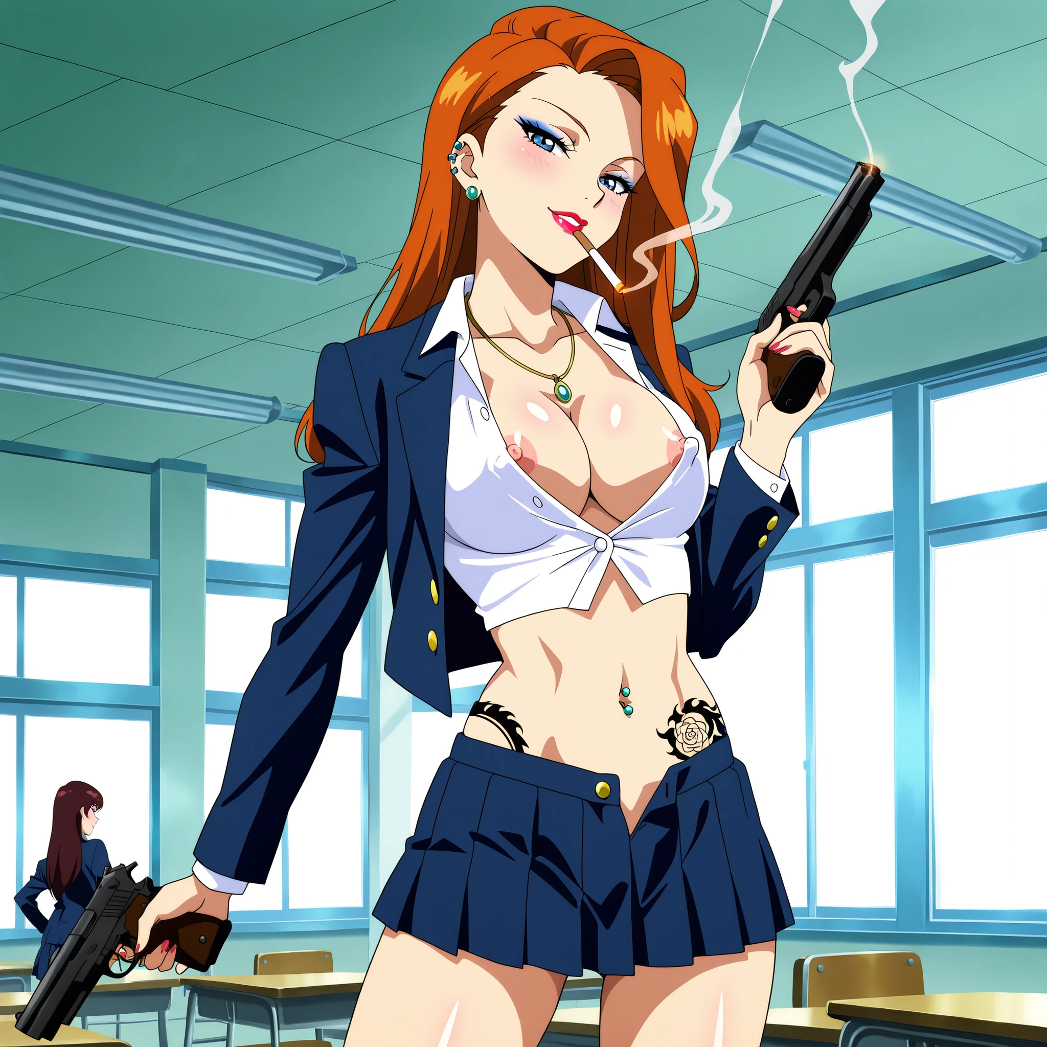 2girl, two girls, , lips, makeup,
seductive pose, sexy pose, tease,
anime style, studio anime, athletic, curvy body, athletic girl, perky ,,perfect , round breasts, nipple outline,looking at viewer, pinup pose,teasing, dynamic lighting, cinematic,, ear piercing, long hair, blush, lipstick,Hot girl, baddie, smoking, sensual, attractive, medium breast, masterpiece, best quality, ((unbuttoned school uniform, cleavage, necklace, earrings, sexy body,nipple slip, breasts)) , micro skirt, smiling, navel , exposed belly, exposed navel, (nsfw) not safe for work,school, classroom , hold a gun,knot, holding pistol,navel piercing, blazer, , waist dragon tattoo, narrowed eyes, tattoo waist, anipai_style , anime screencap , anime coloring ,