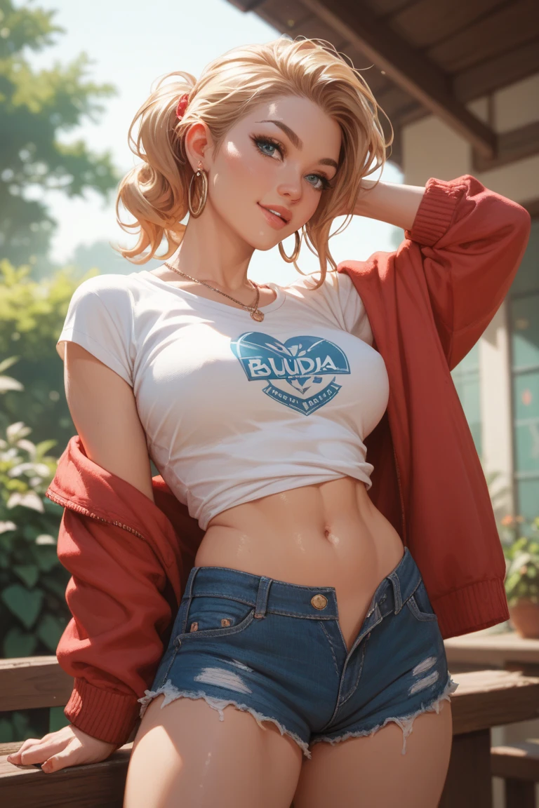 Anna of Arendelle, black shirt, white tank top, blouse, cleavage, collarbone, denim, denim shorts, jacket, long sleeves, ((open clothes)), open jacket, partially unzipped, blue jacket, shirt, short shorts, shorts, tank top, track jacket, unzipped, ((large breasts, big hips, tight clothes, cleavage, looking at the viewer)), (abs:0.8), BLUSHED, UNDERBOOB (realistic:1.2), (realism), (masterpiece:1.2), (best quality), (ultra detailed), (8k, 4k, intricate),(85mm),light particles, lighting, (highly detailed:1.2),(detailed face:1.2), (gradients), colorful,(detailed eyes:1.2),(detailed background),detailed landscape, (dynamic angle:1.2), (rule of third_composition:1.3), (Line of action:1.2)
