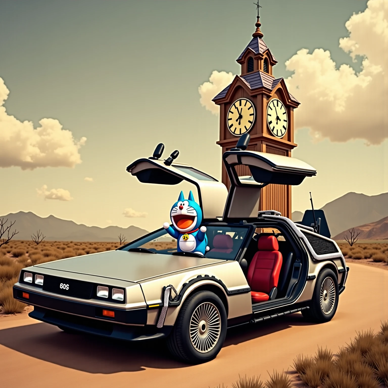 top quality, ,(1 old photo:1.3),Back to the Future,Alteration of history,hot,The background is Hill Valley Clock Tower,デロリアン, (Dr. Emmett Brown ,wearing a white labo coat,look like 60 years old )and (Martin McFly,wearing a sleeveless jacket,20 years old,cool )