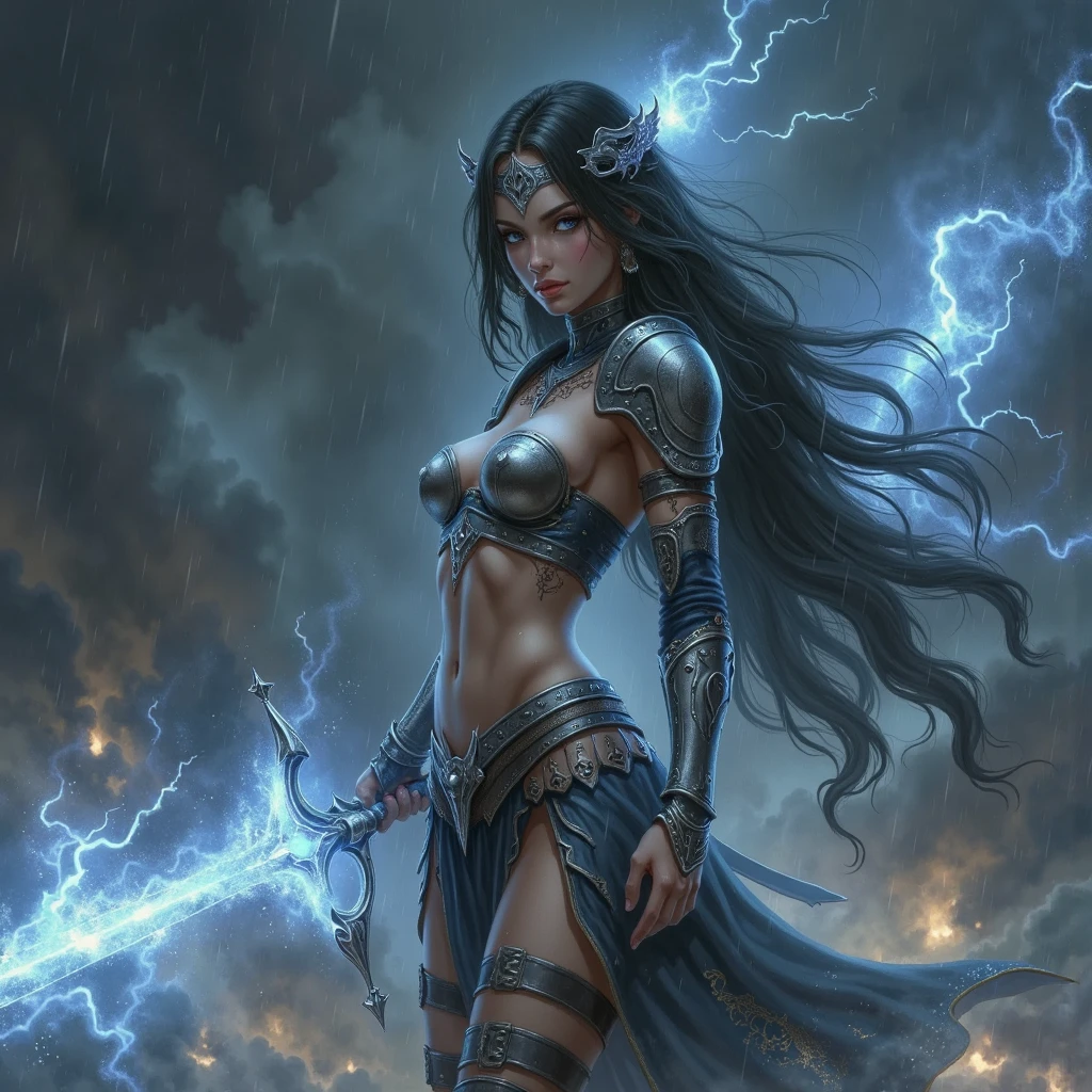 old but beautiful and muscular mature female storm giant with blue black hair in a ponytail and lightning staff, glowing tattoos and pale blue skin wearing steel runic plate Armour , temple cave background with lightning storm, glowing blue eyes with electric sparks , age 40, powerful, mature, aged