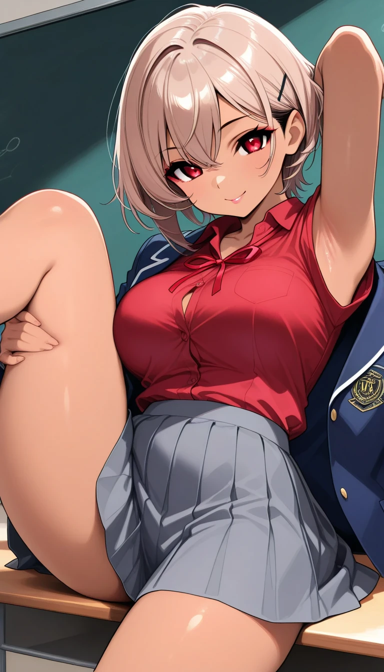 hiquality, tmasterpiece (one girls) muscled body, hooligan, Zadar, wicked smile, Short Hair Hair, blonde. brown eye, School White Shirt, underpants. bare feet. giantess. Small town. Small skyscrapers and buildings