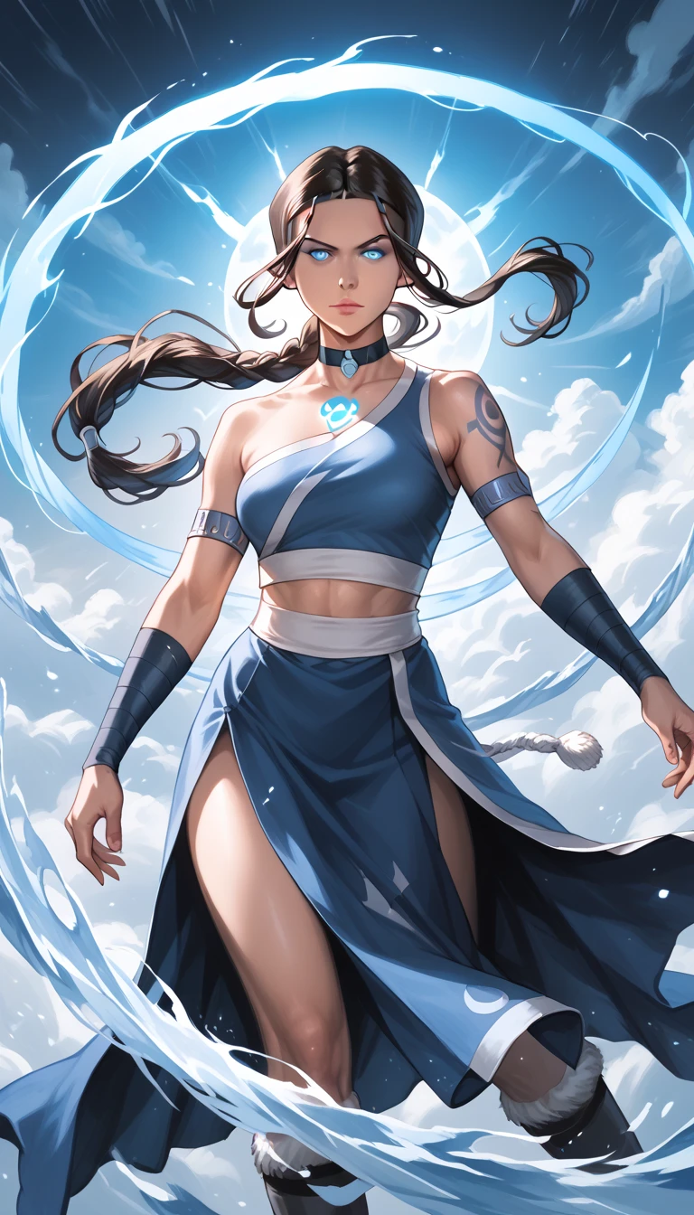 nsfw, Katara 1.3,revealing outfit,sexy,((glowing white eyes,glowing body tattoos,)) wild hair,moving in the wind,moving fire&water around her,in a powerful lighting storm,highly detailed 8k digital painting,photorealistic,dramatic lighting,cinematic atmosphere,epic fantasy scene,mystical energy,dynamic pose,beautiful facial features,piercing eyes,intense expression,muscular physique,intricate costume design,realistic water and fire elements,stormy sky with lightning,moody lighting,dark and powerful color palette