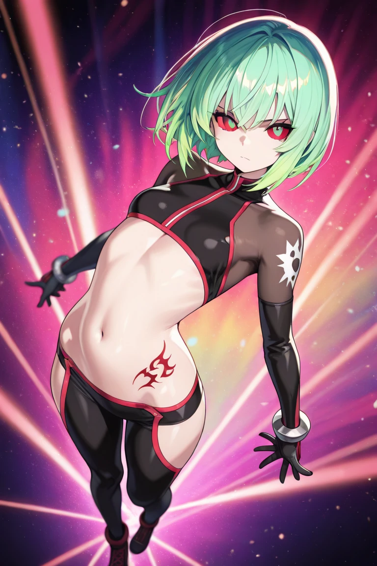 beautiful woman, short green hair, red pin, black hood, blac khalf-open jacket, half white half black bra, thight gym shorts, high knee black socks, high boots, long sleeve, rina shinomyia, a anime picture of a woman in a black and white outfit, an anime drawing, shin hanga, wearing black tight clothing, skintight black clothes, anime full body illustration, full body shot from head to toe full body shot, 1girl, crazy photoshoot angle, dynamic lighting, raytracing, alternative angle