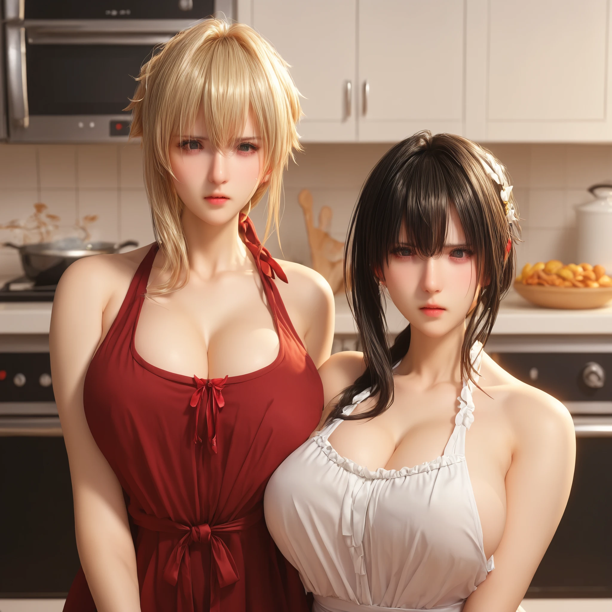 yuki yokoya and violet evergarden, two anime girls with big breasts, two women pose, full body shot, camera angle profesional, excited, with flushed cheeks, wearing red cooking apron only, oppai, oppai proportions, two beautiful anime girls (yuki yokoya and violet evergarden), big breasts!, big breasts!!, anime girls, with a large breasts, twintails, beauty eyes, angry expression on her face, hd, high quality image, posing at kitchen, cooking food together,
