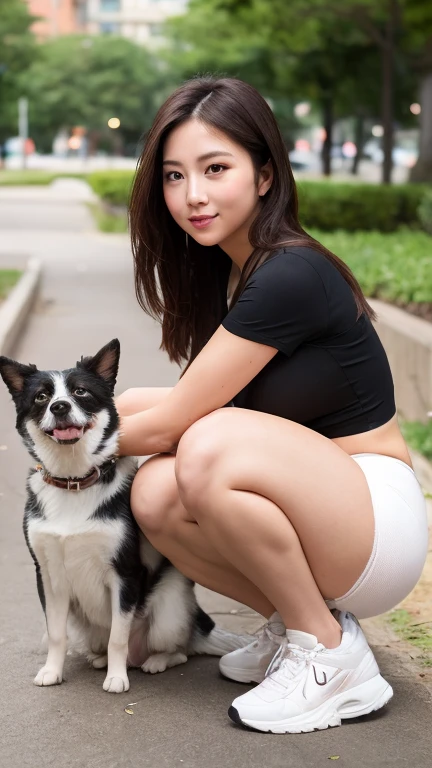 Aunt without panties in the backyard playing with her dog