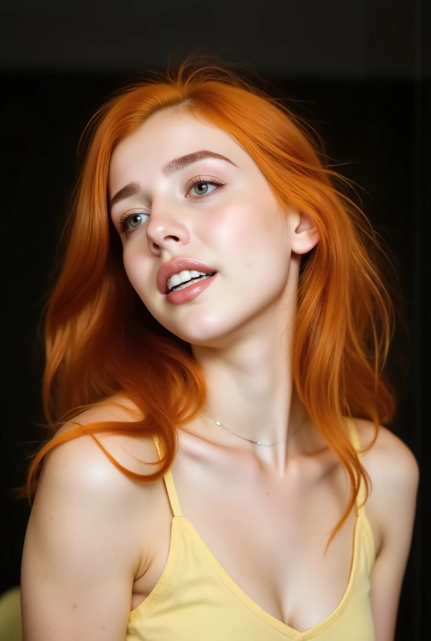 Medium plane of a fair-skinned redhead Honey Eyes 23 years old, Ultra-high resolution photo taken using a Sony A7R IV + 135mm f/1.8 gramas, dream depth of field, white leg pants, yellow blouse