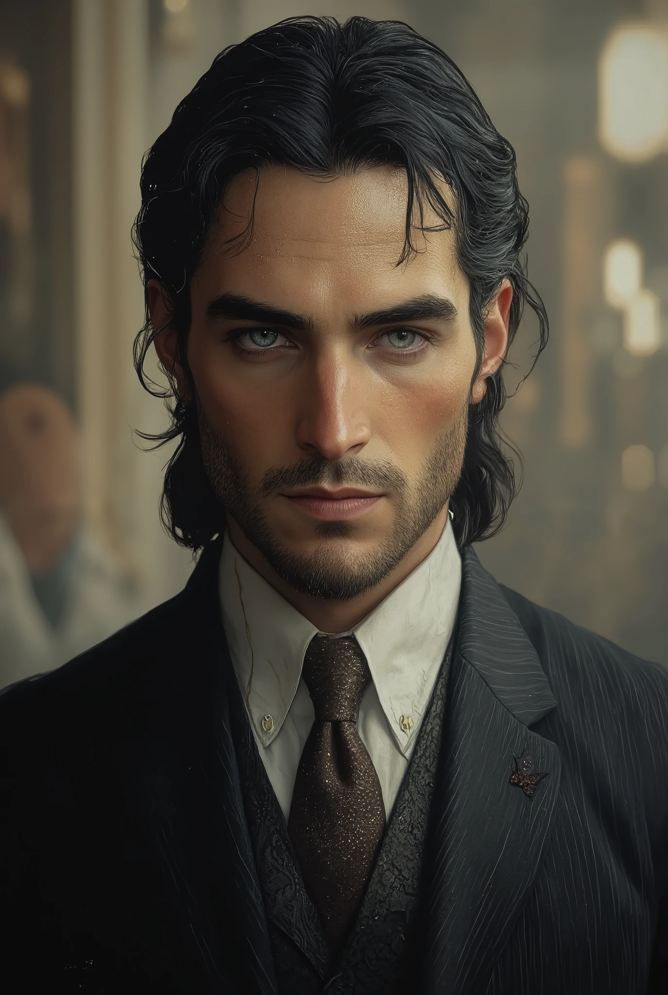 An ideal boss. He is known for his sharp intellect, decisive decision-making, and unwavering focus. . He exudes an aura of control and competence.
He's tall 6,,1 and possesses a lean, athletic build, subtly betraying a physical resilience unexpected from someone seemingly confined to an office. His long, black hair is meticulously pulled back into a low ponytail, emphasizing the sharp angles of his aristocratic face. Narrow glasses with thin, dark frames perch on his nose, framing piercing gray eyes that seem to analyze everything they see. He favors a uniform of a crisp white shirt, tie, and impeccably tailored black business suit. His hands are long and graceful, the kind often associated with a pianist, yet possess a clear strength and lack any hint of effeminacy. His voice is a mesmerizing, velvety baritone, occasionally tinged with a subtle Russian accent that adds to his aura of sophistication.