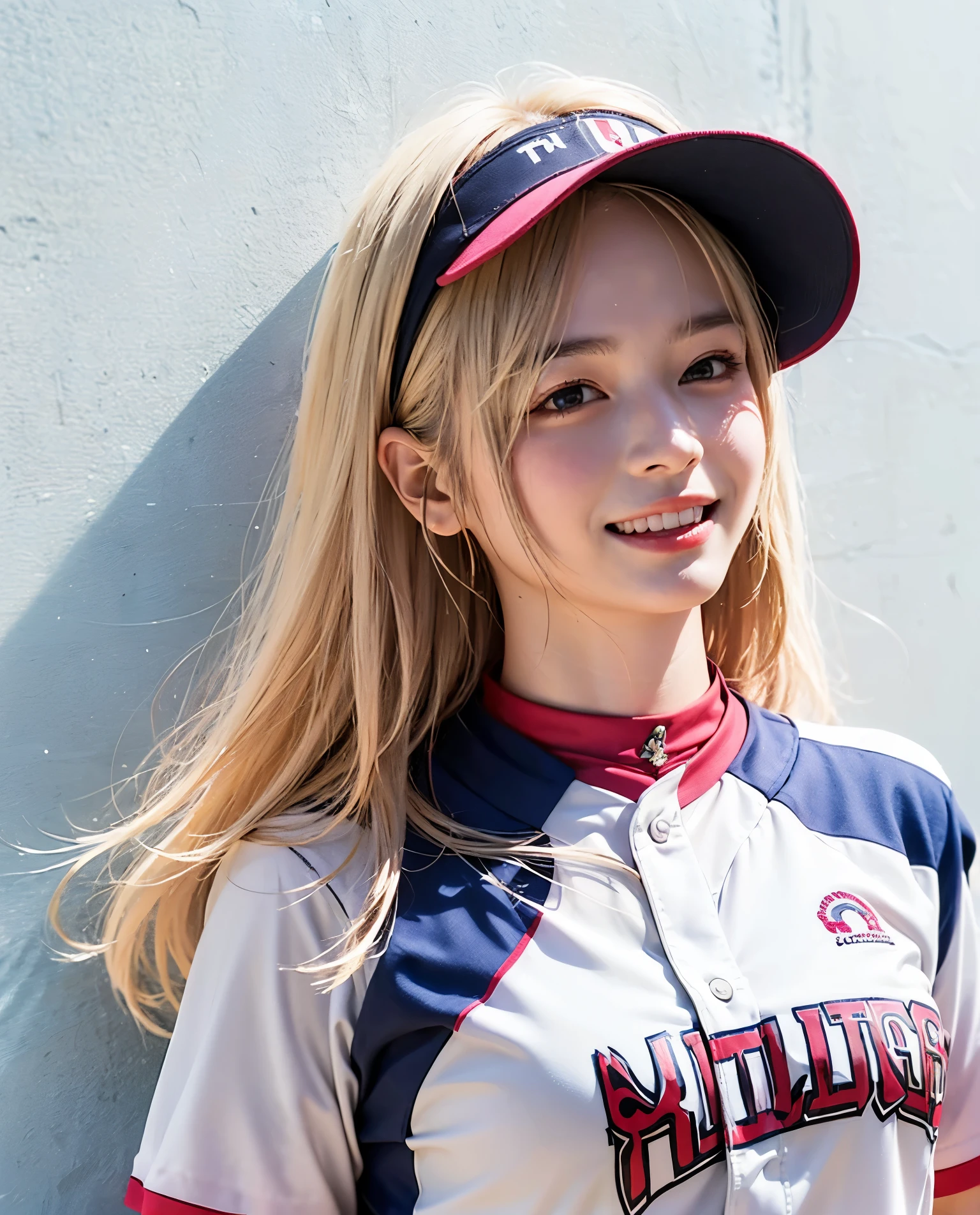 (top quality、8k、32K、masterpiece)、(realistic)、(realistic:1.2)、(high resolution)、very well detailed、has a very beautiful face and eyes、1 girl、round face、thin waist、(close、top quality、Attention to Details、rich skin details)、(top quality、8k、Oil paint:1.2)、(realistic、realistic:1.37)、bright color、(((blonde)))、(((Bust)))、((( medium hair)))、(((white wall background)))、(((Fun Expressions)))、(((pink baseball uniform)))、(((pink uniform)))、(((smile)))、((( medium hair)))、 black uniform、(((blonde)))、Thumbs up、Frame In
