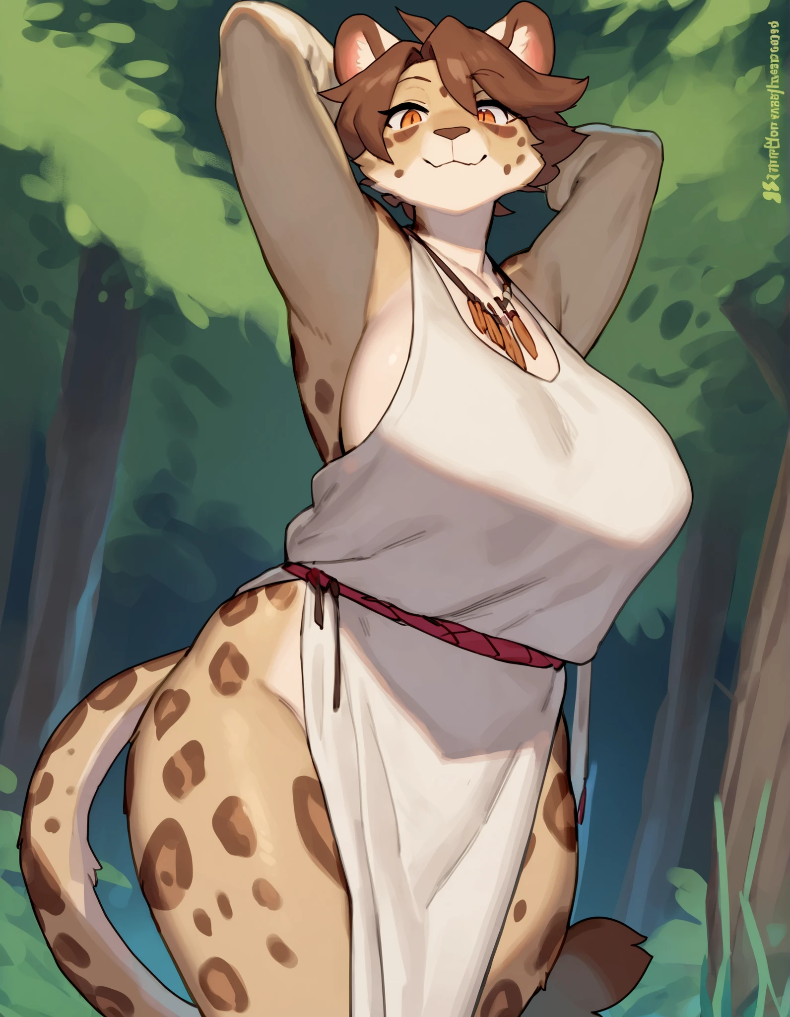 female anthro hyena,Brown long fluffy hair, fluffy hair, squirrel ears, hyena, big breasts, attractive, summer dress, thicc body, thicc body, thicc, freckles, freckles on face, neutral expression, smug eyes, she is standing (thick thighs:1.5) focus on butt,