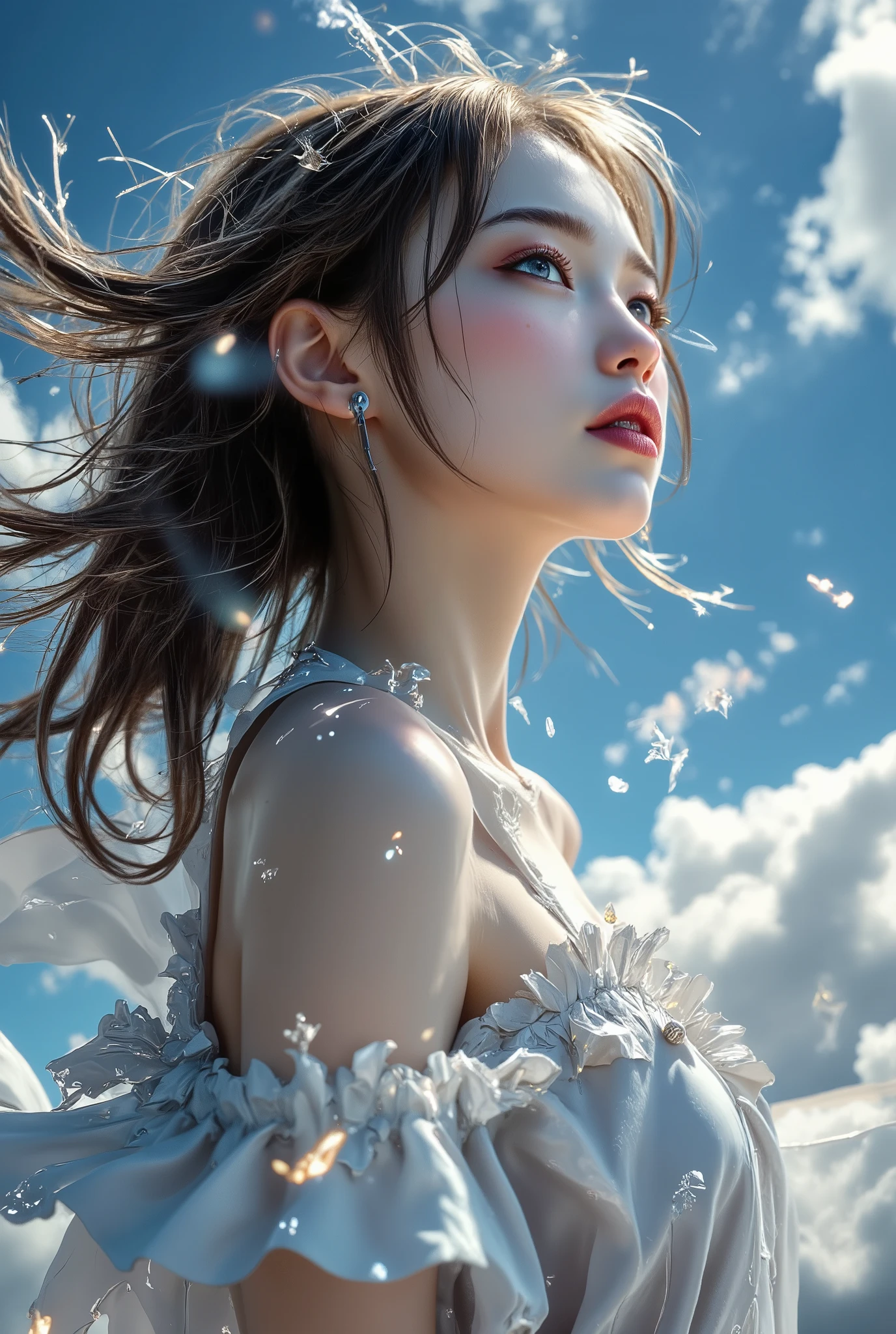 (Cinematic Digital Artwork: 1.3), High Quality, Masterpiece, Top Quality, Super Detail, Illustration, [4K Digital Art]!!、 Kyoto Animation Style, One Woman, Clavicle Beauty, Clavicle, Light, Hope, Blue Sky, Positive, Challenge, Motivation, Brilliance, Dynamic Perspective