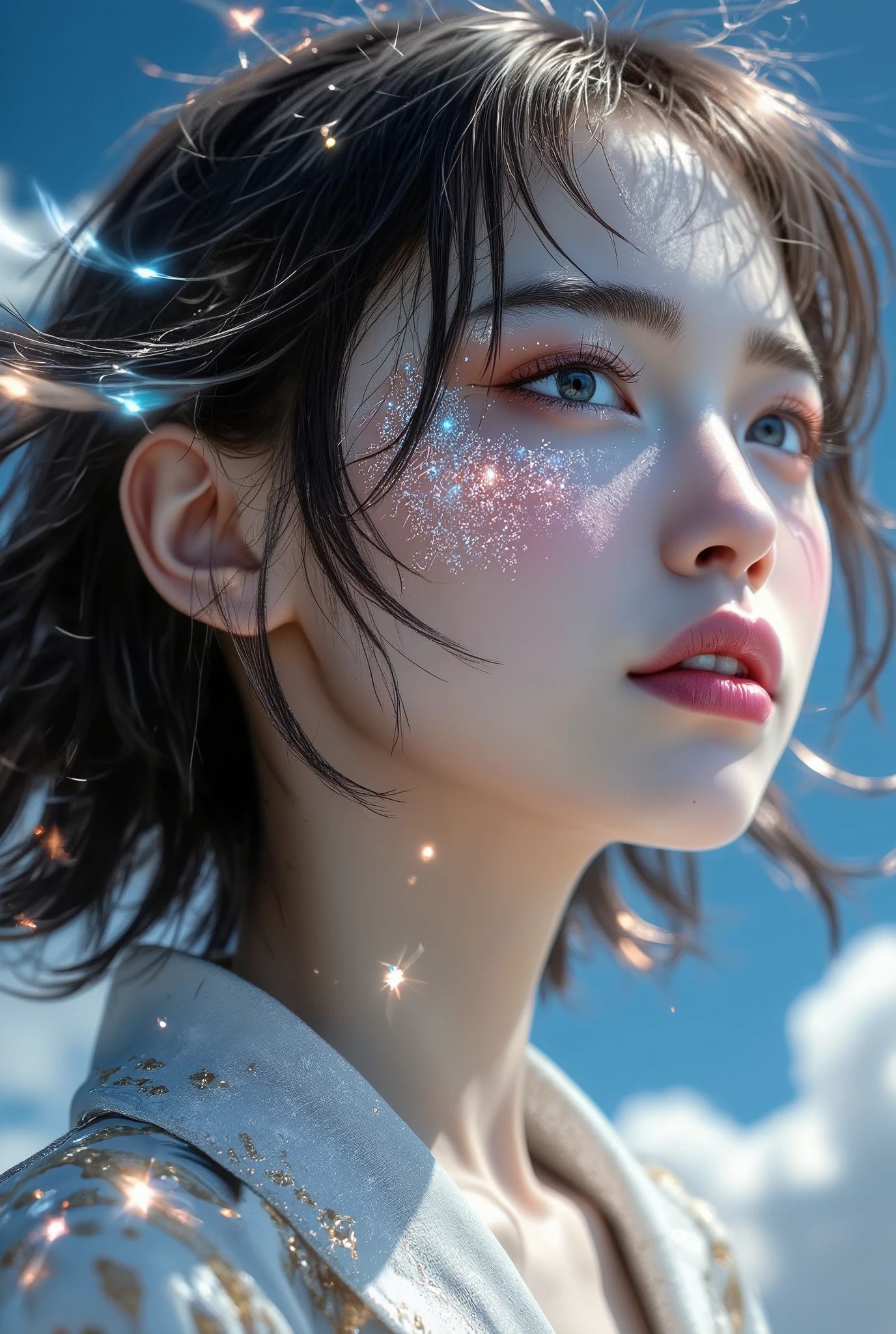 (Cinematic Digital Artwork: 1.3), High Quality, Masterpiece, Top Quality, Super Detail, Illustration, [4K Digital Art]!!、 Kyoto Animation Style, One Woman, Clavicle Beauty, Clavicle, Light, Hope, Blue Sky, Positive, Challenge, Motivation, Brilliance, Dynamic Perspective