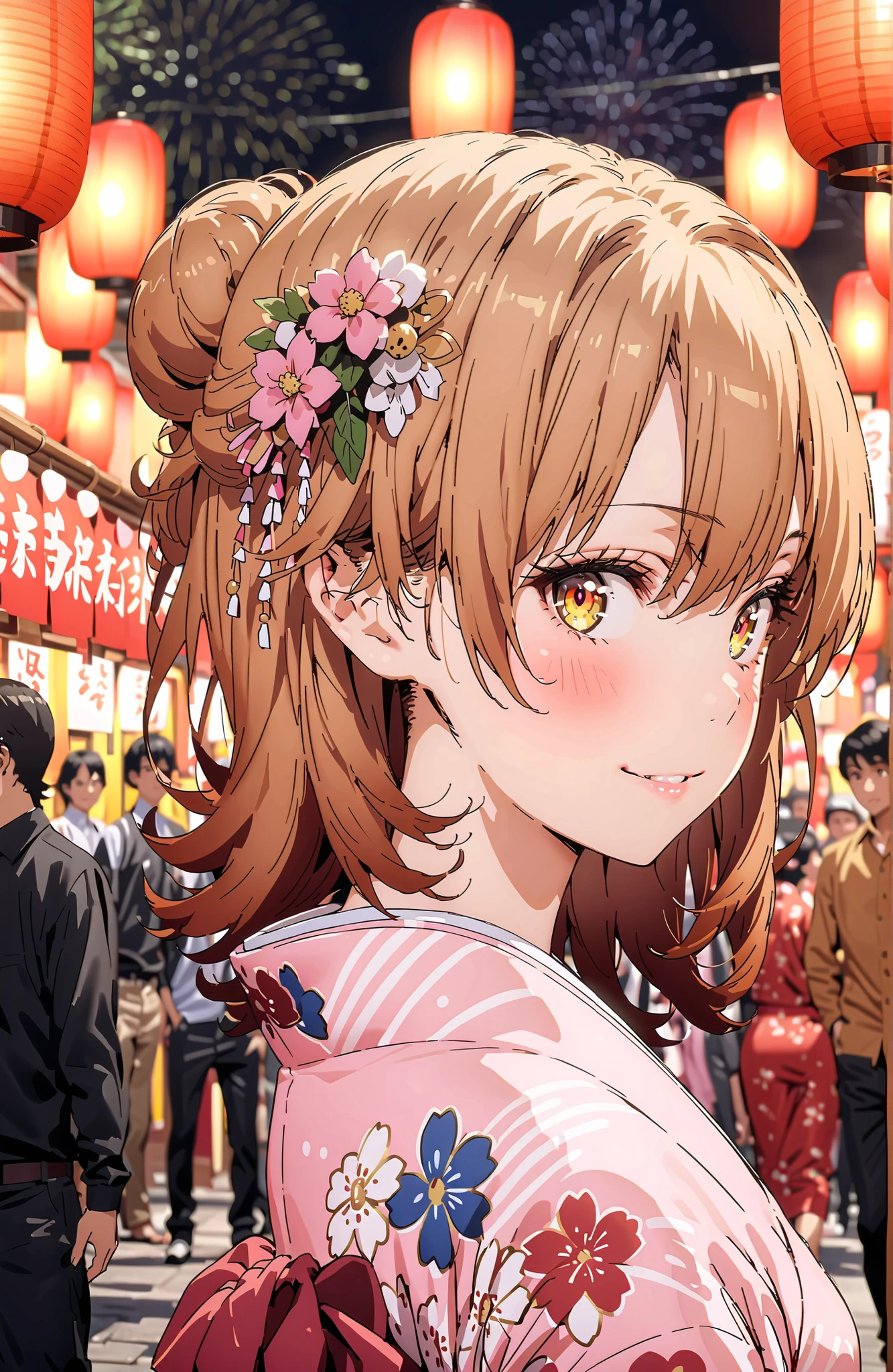 Iroha Isshiki, brown hair,brown eyes,side lock,single bun hair,flower hair ornament,Nape,Pink floral kimono,Light up fireworks,Japanese stalls ,Red Lantern,smile,blush,grinning,crowd,full bodyがイラストに入るように,
break looking at viewer,full body,
break outdoors, Japanese Festival,
break (masterpiece:1.2), best quality, high resolution, Unity 8Kの壁紙, ( illustration :0.8), (beautiful detailed eyes:1.6), Highly Detailed Faces, perfect lighting, VERY DETAILED CG, (perfect hand in h, perfect anatomy),