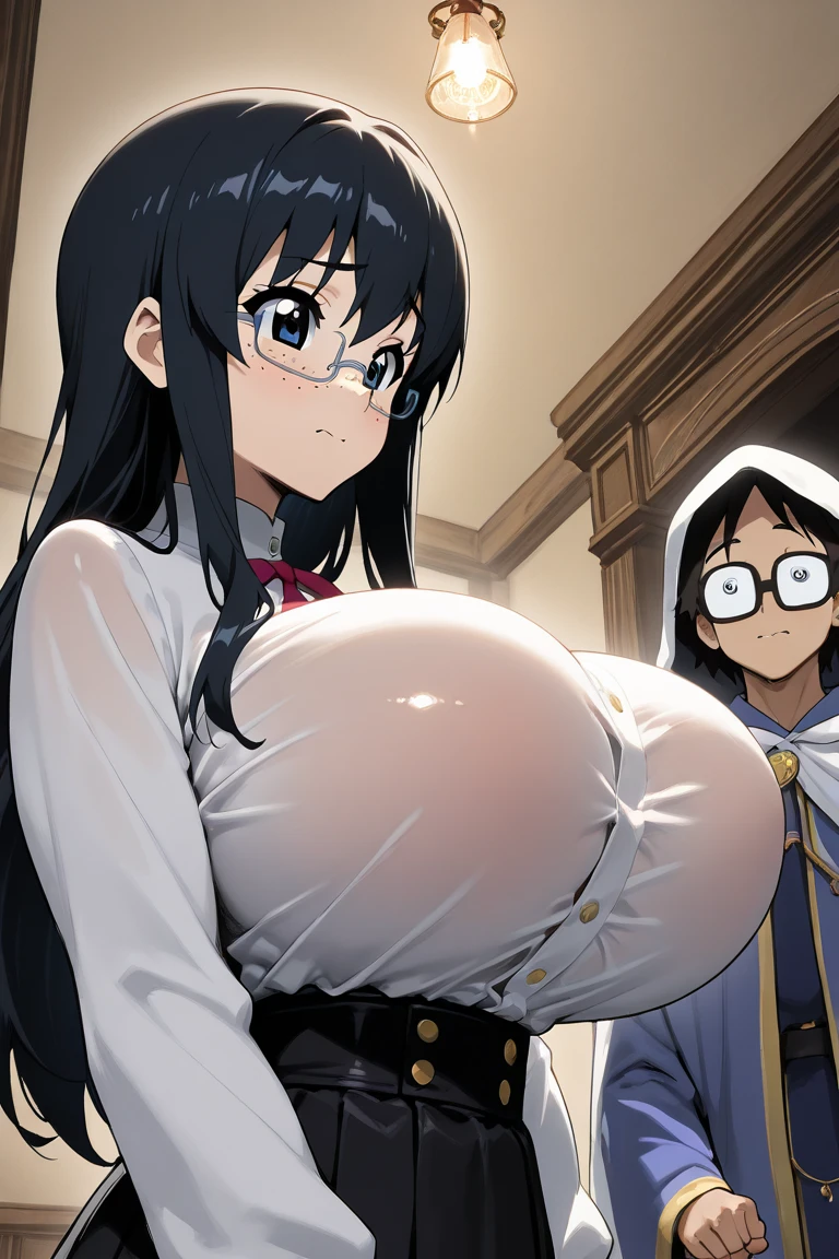 (POV, 1boy, faceless male, POV hands, hetero:1.3), groping, 2D, anime cels, best quality, high resolution, official art, 1girl, (huge breasts:1.3), school uniform, white bra, school, (nose blush), embarrassed, hanekawa tsubasa, long hair, black hair, hair ornament, closed eyes, braid, hairclip, twin braids, glasses, upper body