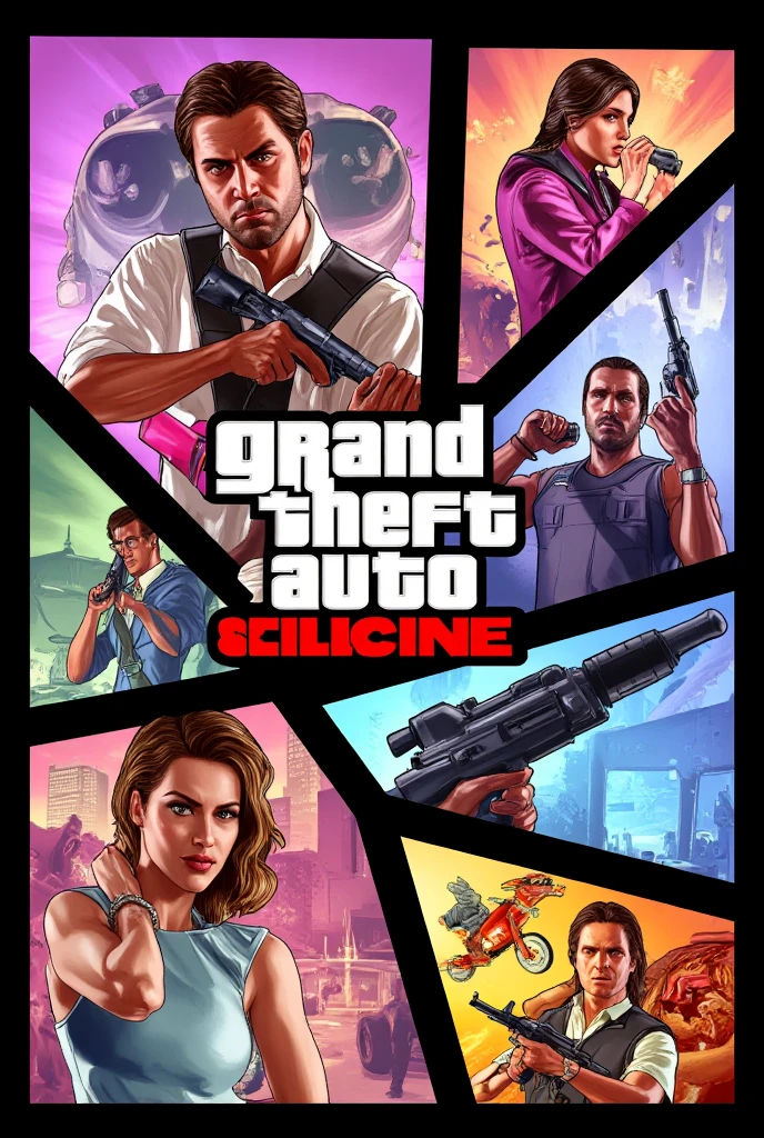 GTA 5 cover art, with a white woman long pink hair with gun without gta symbol