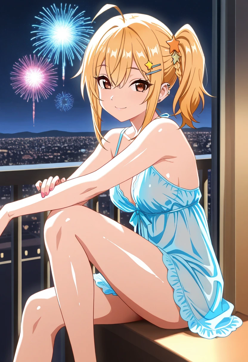 nsfw:1.6, Top quality, masterpiece, ultra high resolution, , (top quality, high resolution, 4K, detailed lighting, shaders, perfect anatomy, perfect proportions), eye of the beholder, (masterpiece, top quality) (top quality, 4K, 8K, high resolution, masterpiece: 1.2), highly detailed, (masterpiece: 1.3, top quality, ultra high resolution, ultra detailed), (top quality: 1.2), perfect eyes, perfect face, perfect lighting, (top quality, 4K, 8K, high resolution, masterpiece: 1.2), highly detailed, (top quality, 4K, 8K, high resolution, masterpiece: 1.5), highly detailed, masterpiece, top quality, ultra detailed, top quality, high resolution, 32K CG, very delicate and beautiful, illustration, high resolution, sharp focus, front lighting, glow, girl 1 person, solo, smiling, very beautiful and detailed anime face, very detailed eyes, ((masterpiece)), ((best quality)), (super detailed), ((cute)), cute, ((very detailed)), 4K, (8K), best quality, (best quality, 8K, 32k, masterpiece, super high resolution, very detailed, impressionistic:1.2), blurred background, (((two arms))) , (((two foot))), (((four fingers and 1 thumb))), Best quality , ((only one naval)),
Female. ((Blonde hair)). ((((Topless)))). ((((Breasts and nipples not covered)))). (White panties). ((((Evening updo. Tied up in a bun at the back.)))). (((Bangs swept to the side to show forehead))). (((Slicked back))). Beautiful blue-green eyes. Deep pupils. Pink lips. ((Big boobs)). Full breasts. Well-shaped breasts. Small pink nipples. Slim waist. Perfect proportions. Slender body. Well-proportioned body. ((Tan lines: 1.2)). Blushing face. (((("Touch my ."))). ((White choker)). Earrings. Necklace. Bracelet. Anklet. (((Lots of fireworks in the night sky))). (((A stylish night pool))). ((Neon signs)). (Cafe bar). ((((Beautiful water surface))))
